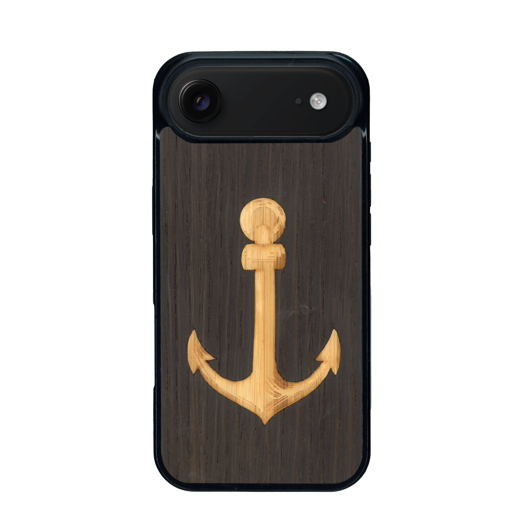 Coque de protection en bois véritable fabriquée en France pour iPhone 17 Air sur le thème nautique avec un bois clair et un bois foncé représentant une ancre de bateau
