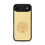 Coque de protection en bois véritable fabriquée en France pour  sur le thème de la spiritualité et du yoga avec une gravure zen représentant un arbre de vie