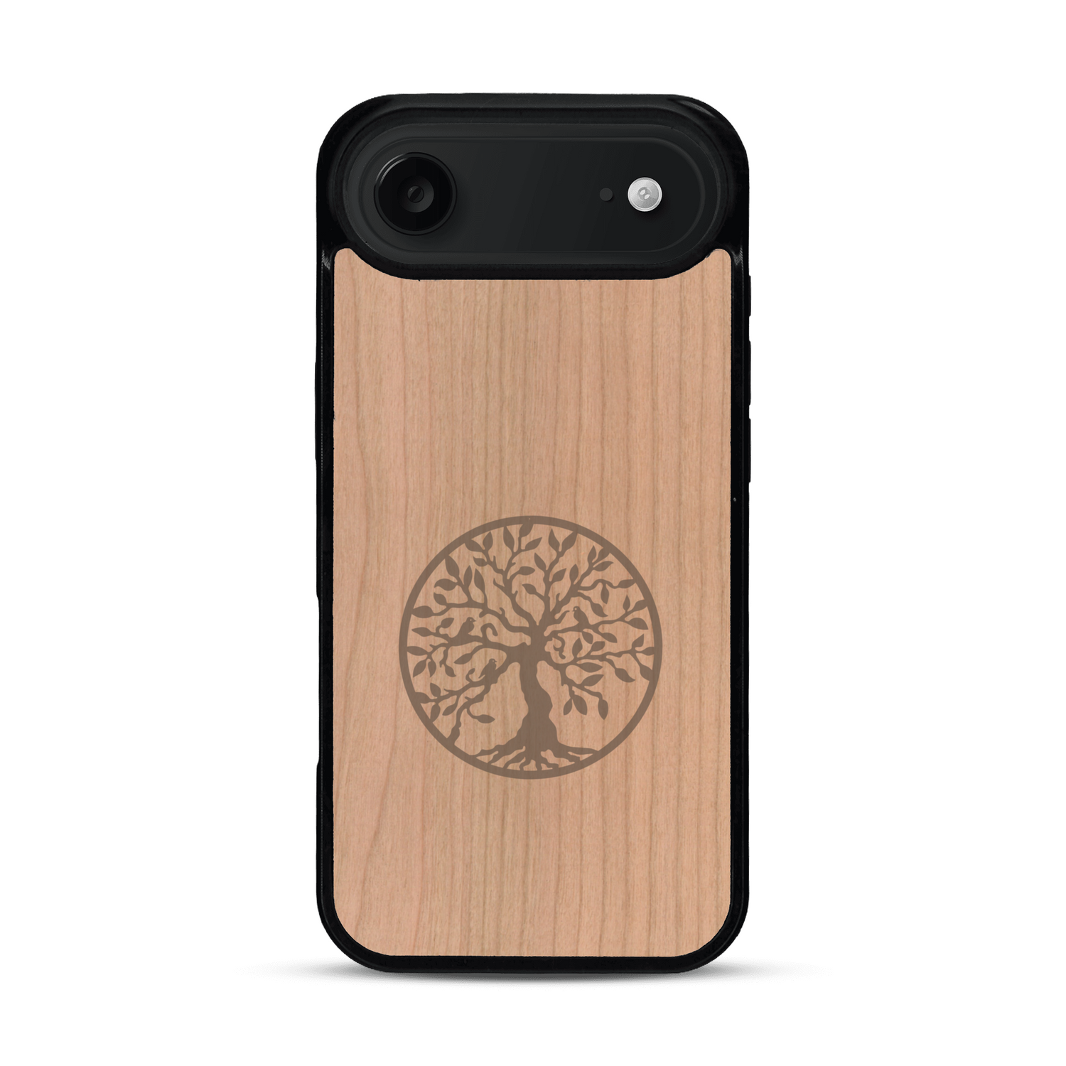 Coque de protection en bois véritable fabriquée en France pour  sur le thème de la spiritualité et du yoga avec une gravure zen représentant un arbre de vie