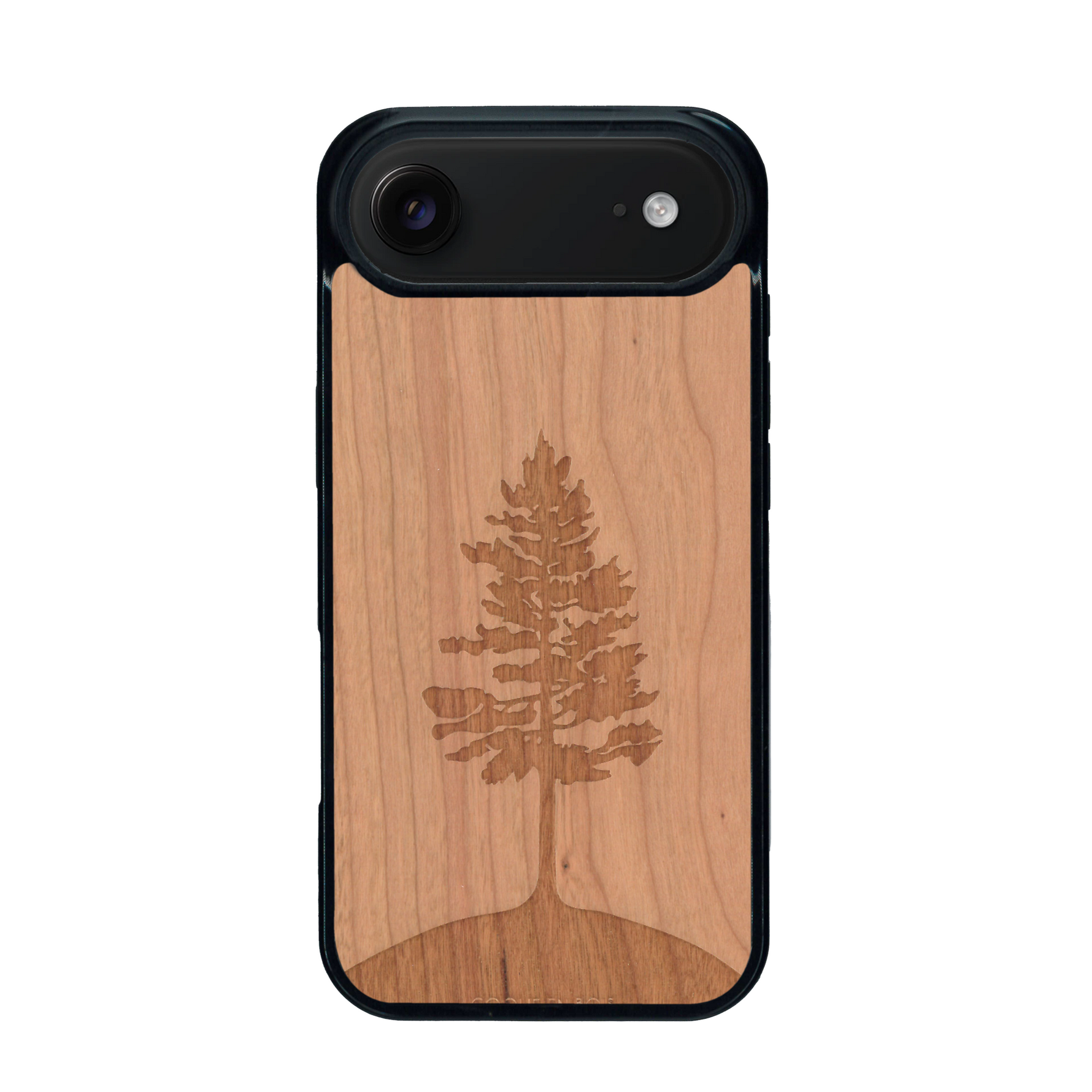 Coque de protection en bois véritable fabriquée en France pour iPhone 17 Air sur le thème de la nature, de la fôret et de l'écoresponsabilité avec une gravure représentant un arbre 