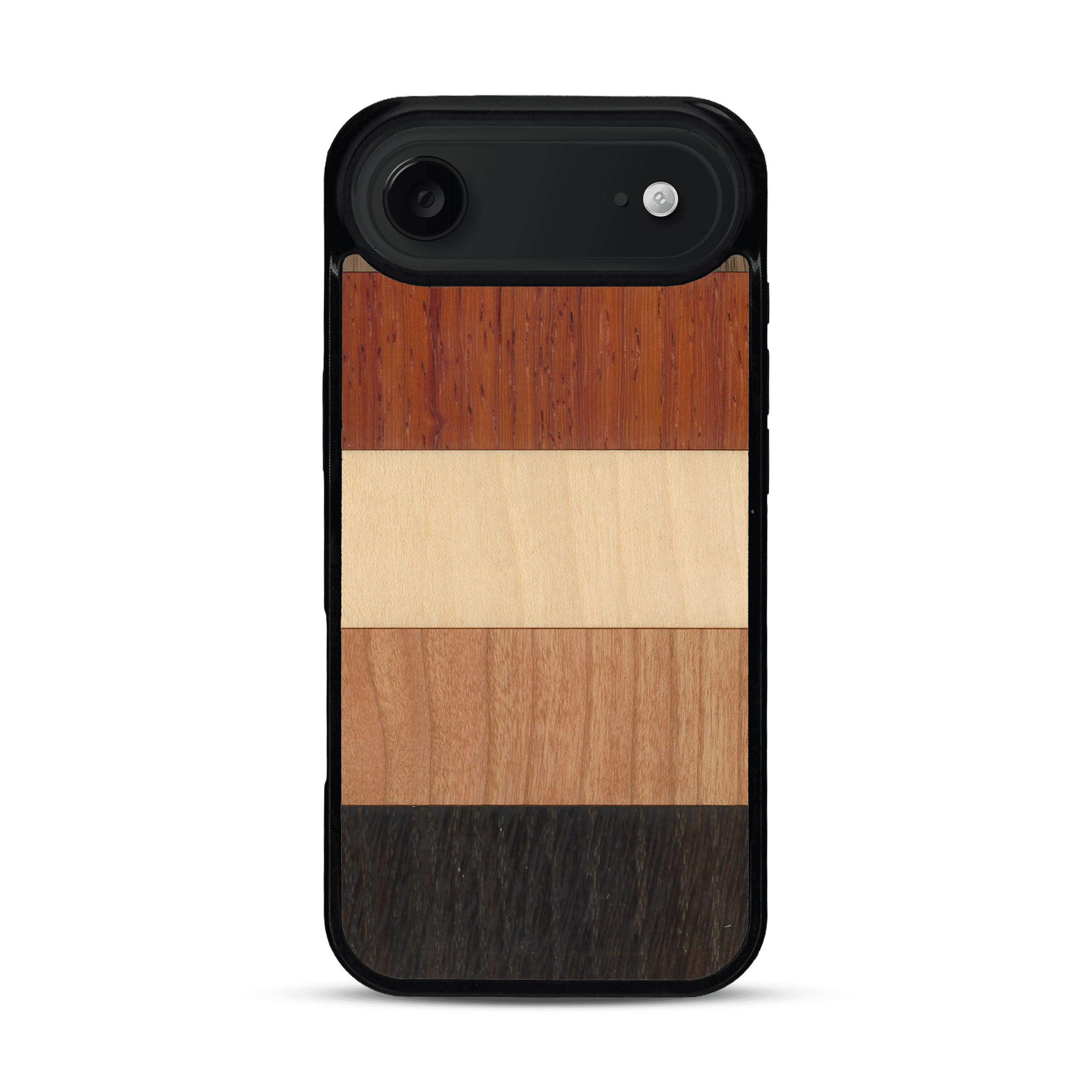 Coque de protection en bois véritable fabriquée en France pour  alliant des bandes horizontales de bambou, merisier, padouk, noyer et chêne fumé