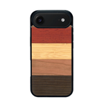 Coque de protection en bois véritable fabriquée en France pour iPhone 17 Air alliant des bandes horizontales de bambou, merisier, padouk, noyer et chêne fumé