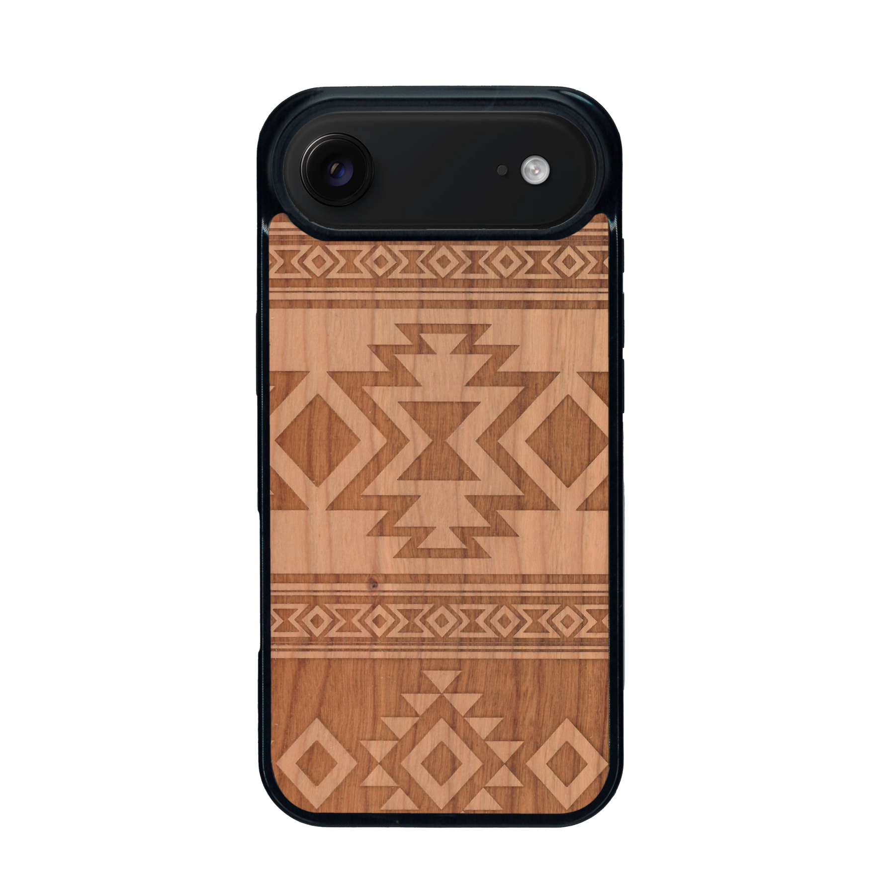 Coque de protection en bois véritable fabriquée en France pour iPhone 17 Air avec des motifs géométriques s'inspirant des temples aztèques, mayas et incas