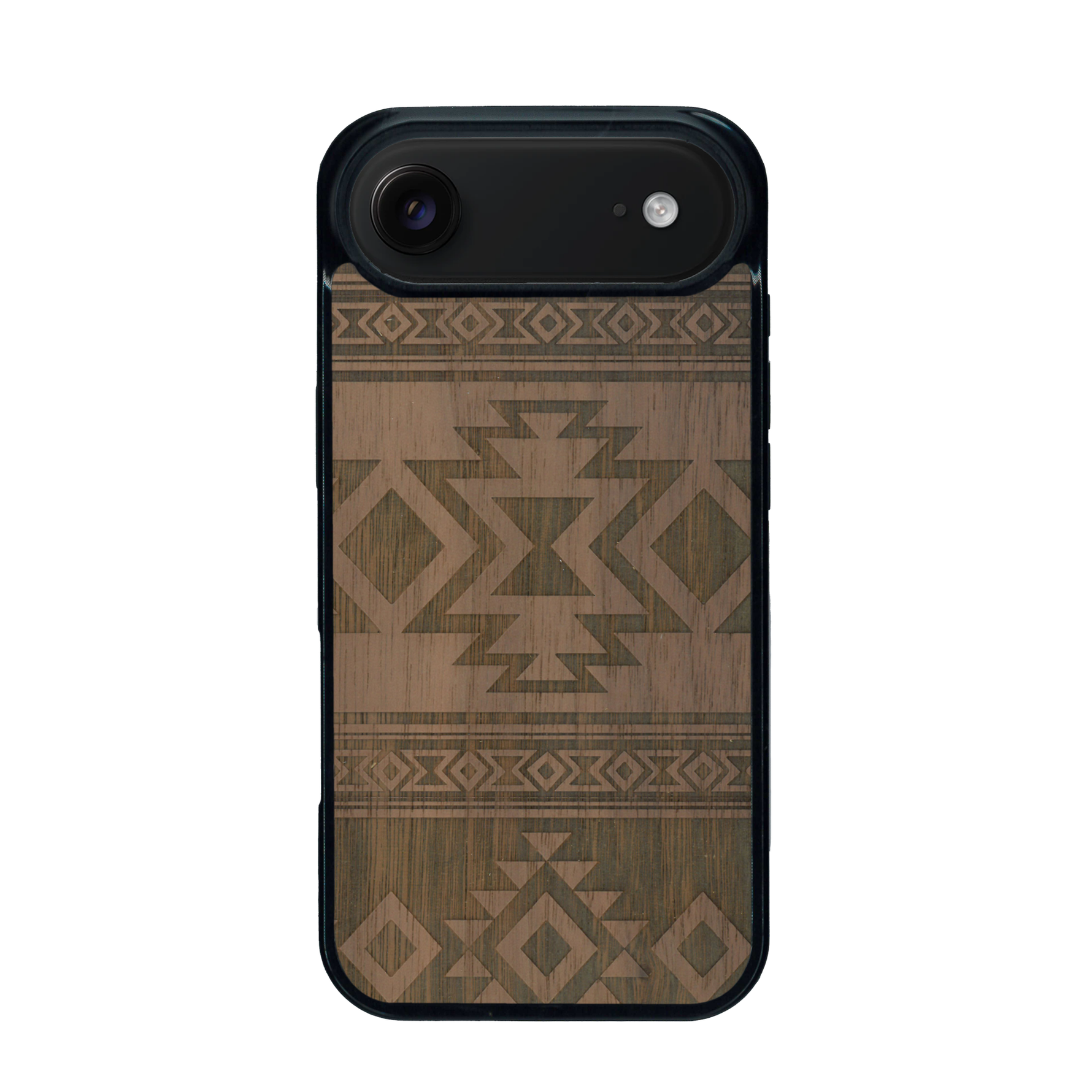 Coque de protection en bois véritable fabriquée en France pour iPhone 17 Air avec des motifs géométriques s'inspirant des temples aztèques, mayas et incas