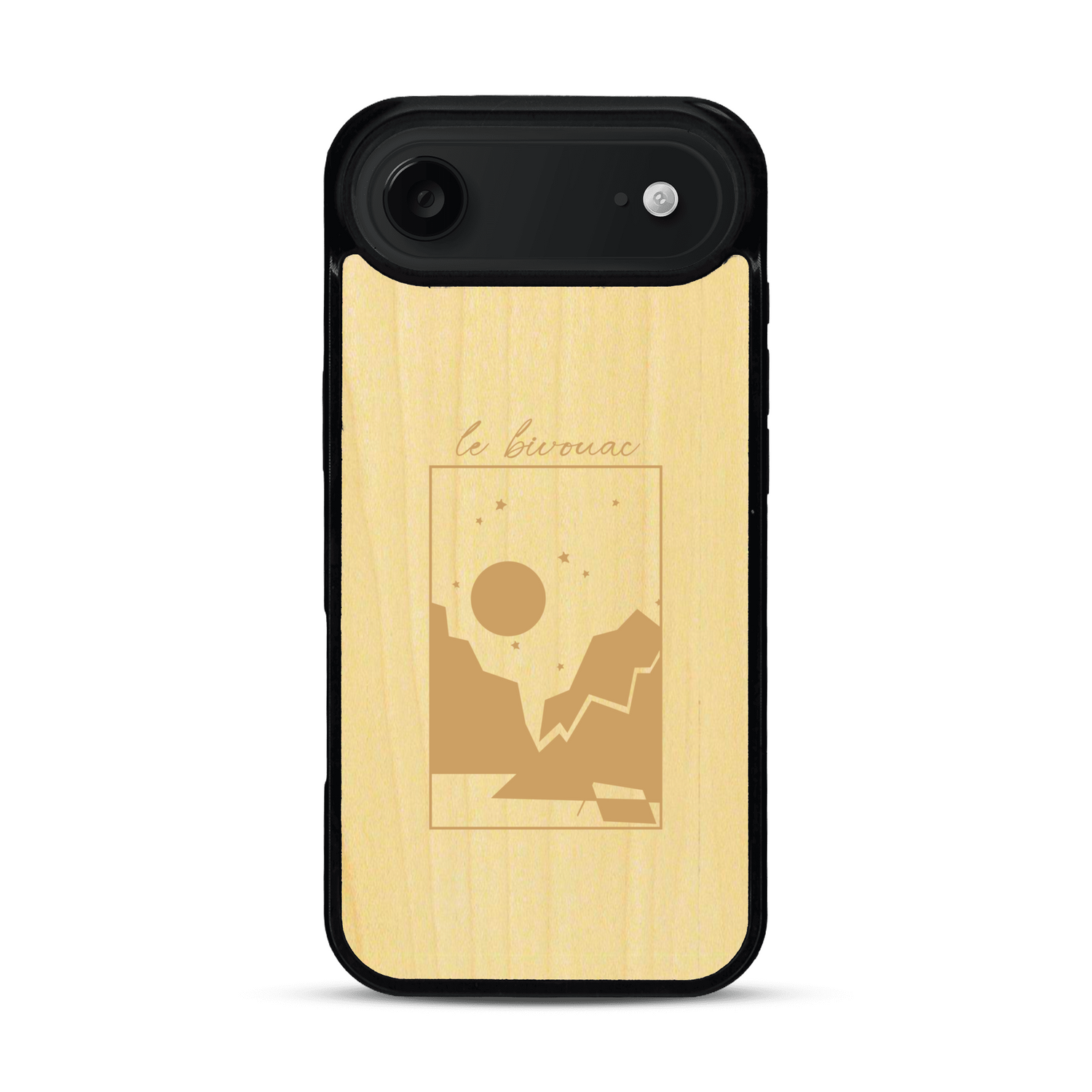 Coque de protection en bois véritable fabriquée en France pour  sur le thème du camping en pleine nature et du bivouac avec la phrase "Aventure is out there"