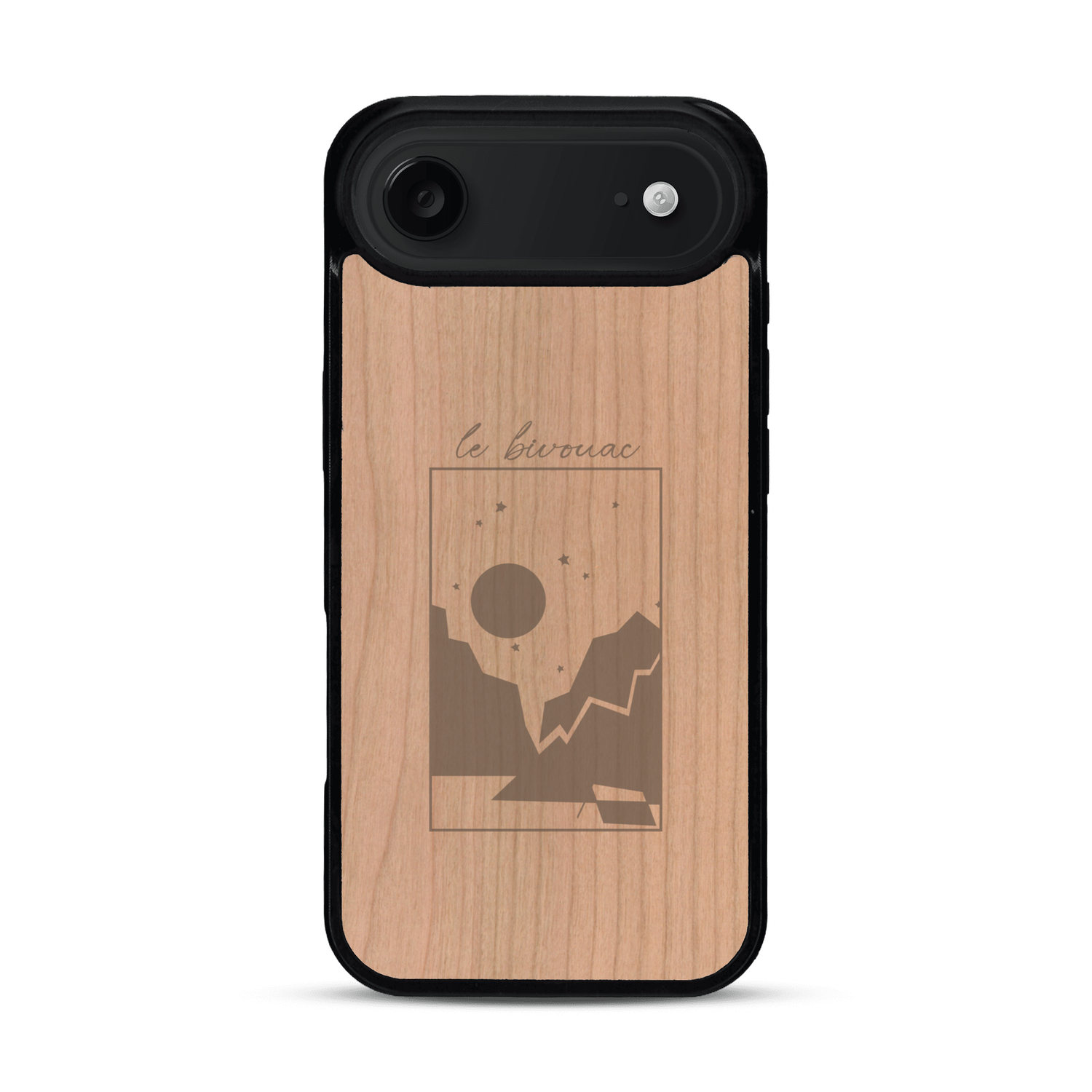 Coque de protection en bois véritable fabriquée en France pour  sur le thème du camping en pleine nature et du bivouac avec la phrase "Aventure is out there"