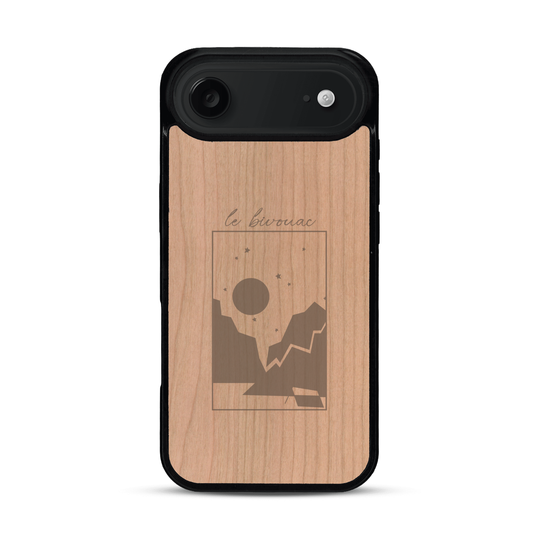 Coque de protection en bois véritable fabriquée en France pour  sur le thème du camping en pleine nature et du bivouac avec la phrase "Aventure is out there"
