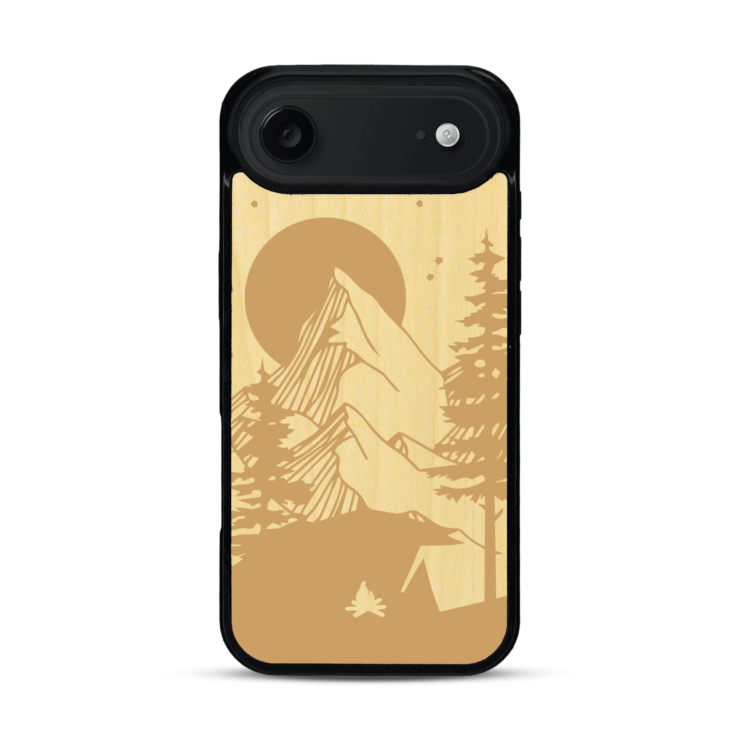 Coque de protection en bois véritable fabriquée en France pour  sur le thème du camping en pleine nature représentant une tente avec un feu de camp entouré de montagnes