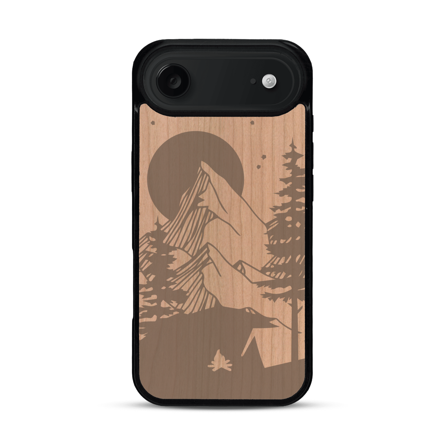 Coque de protection en bois véritable fabriquée en France pour  sur le thème du camping en pleine nature représentant une tente avec un feu de camp entouré de montagnes