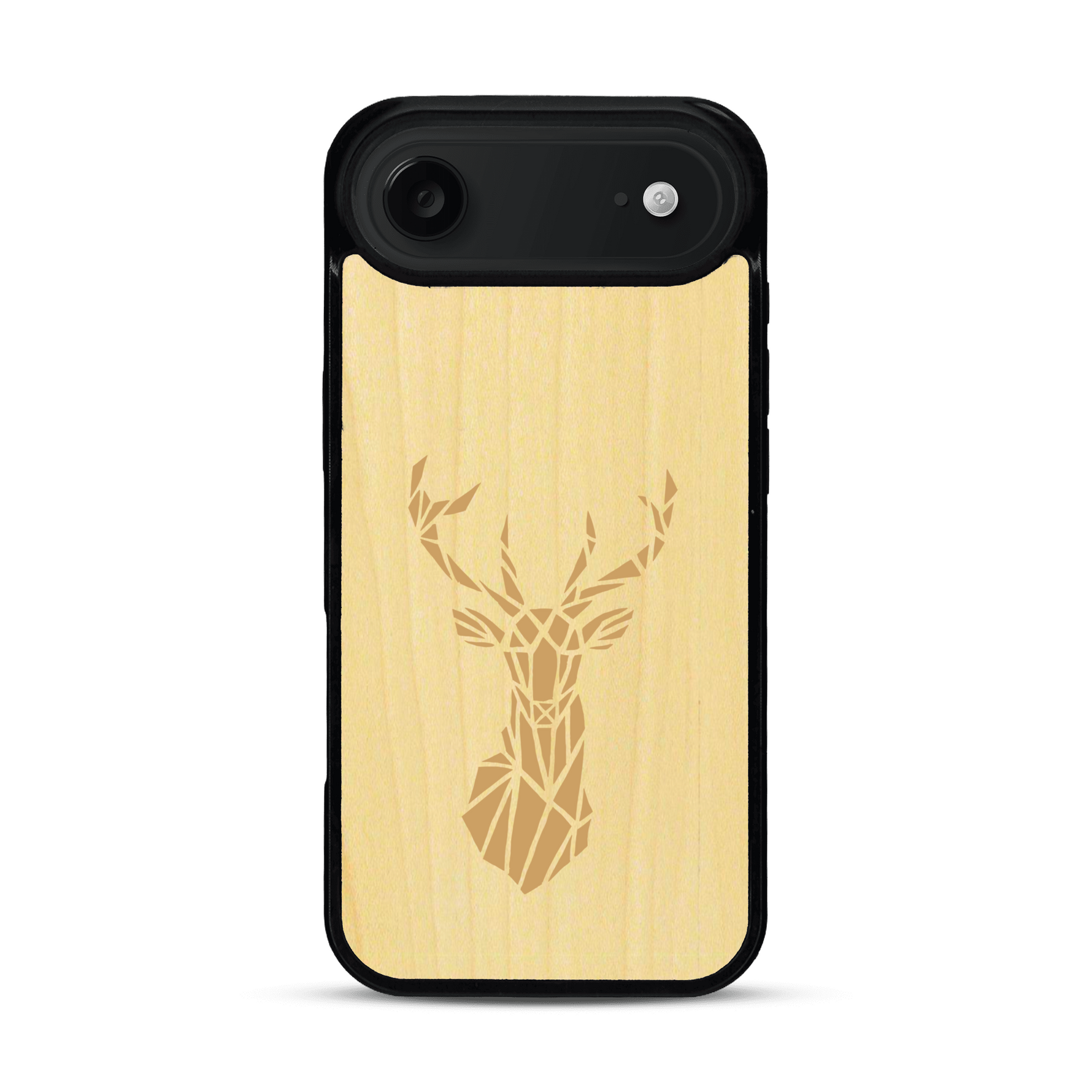 Coque de protection en bois véritable fabriquée en France pour  sur le thème de la nature et des animaux représentant une tête de cerf gométrique avec un design moderne et minimaliste