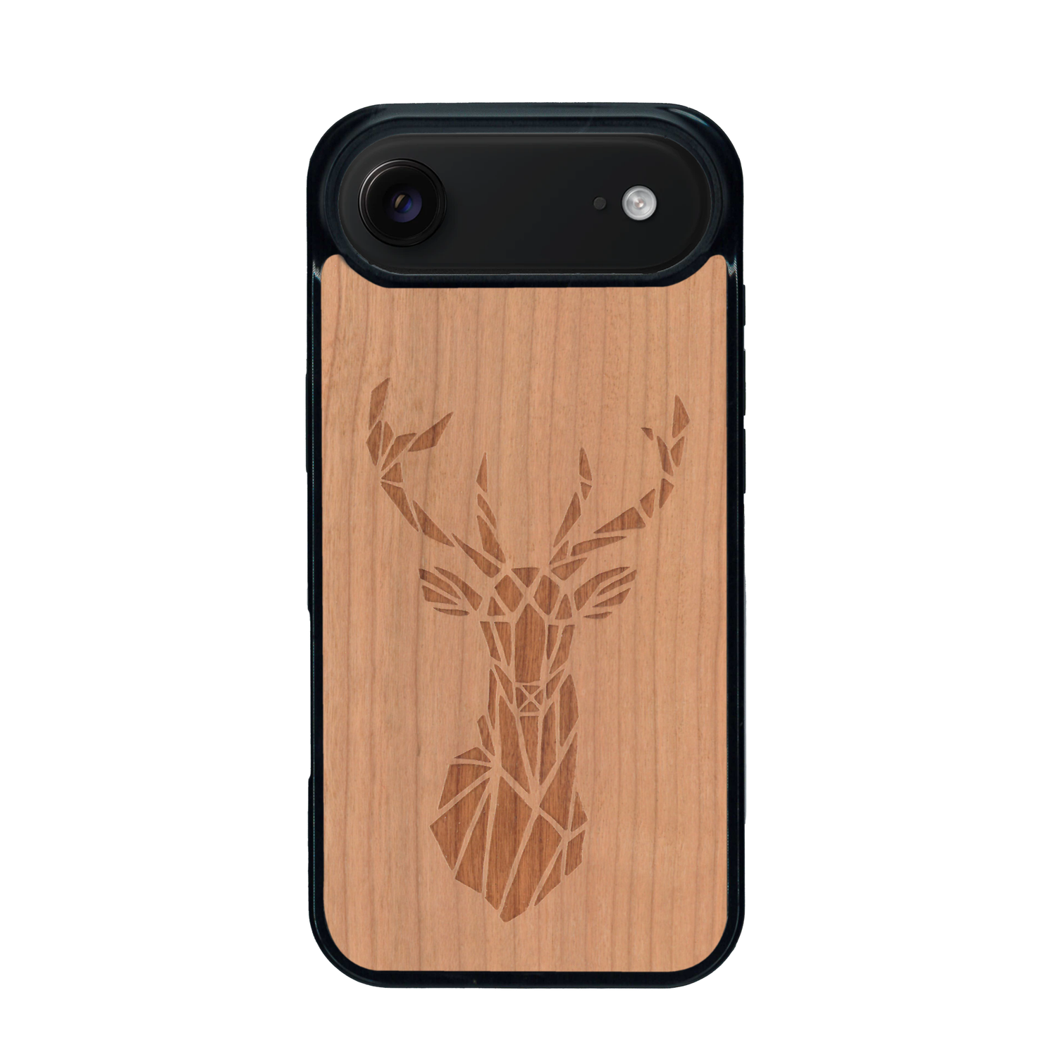 Coque de protection en bois véritable fabriquée en France pour iPhone 17 Air sur le thème de la nature et des animaux représentant une tête de cerf gométrique avec un design moderne et minimaliste