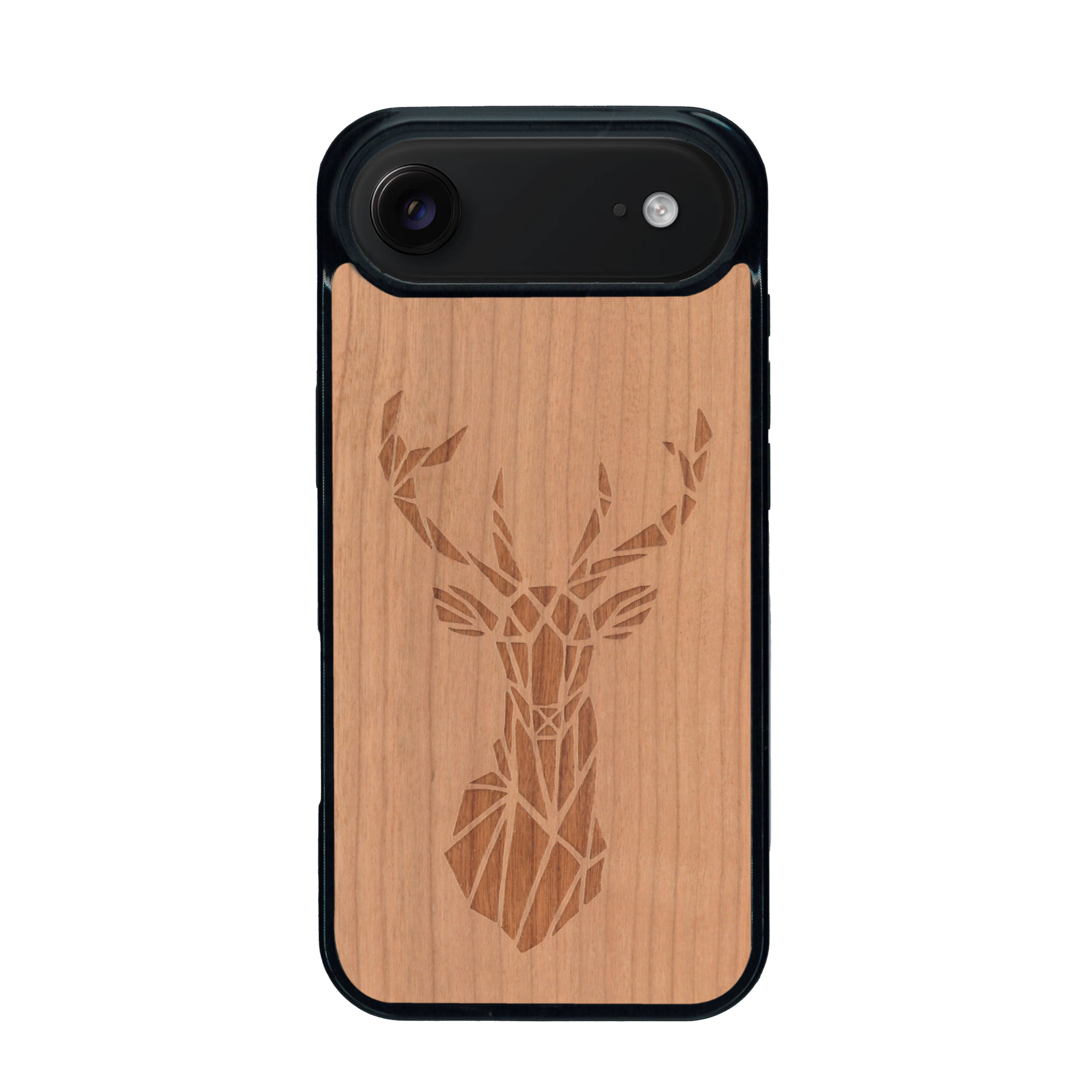 Coque de protection en bois véritable fabriquée en France pour iPhone 17 Air sur le thème de la nature et des animaux représentant une tête de cerf gométrique avec un design moderne et minimaliste
