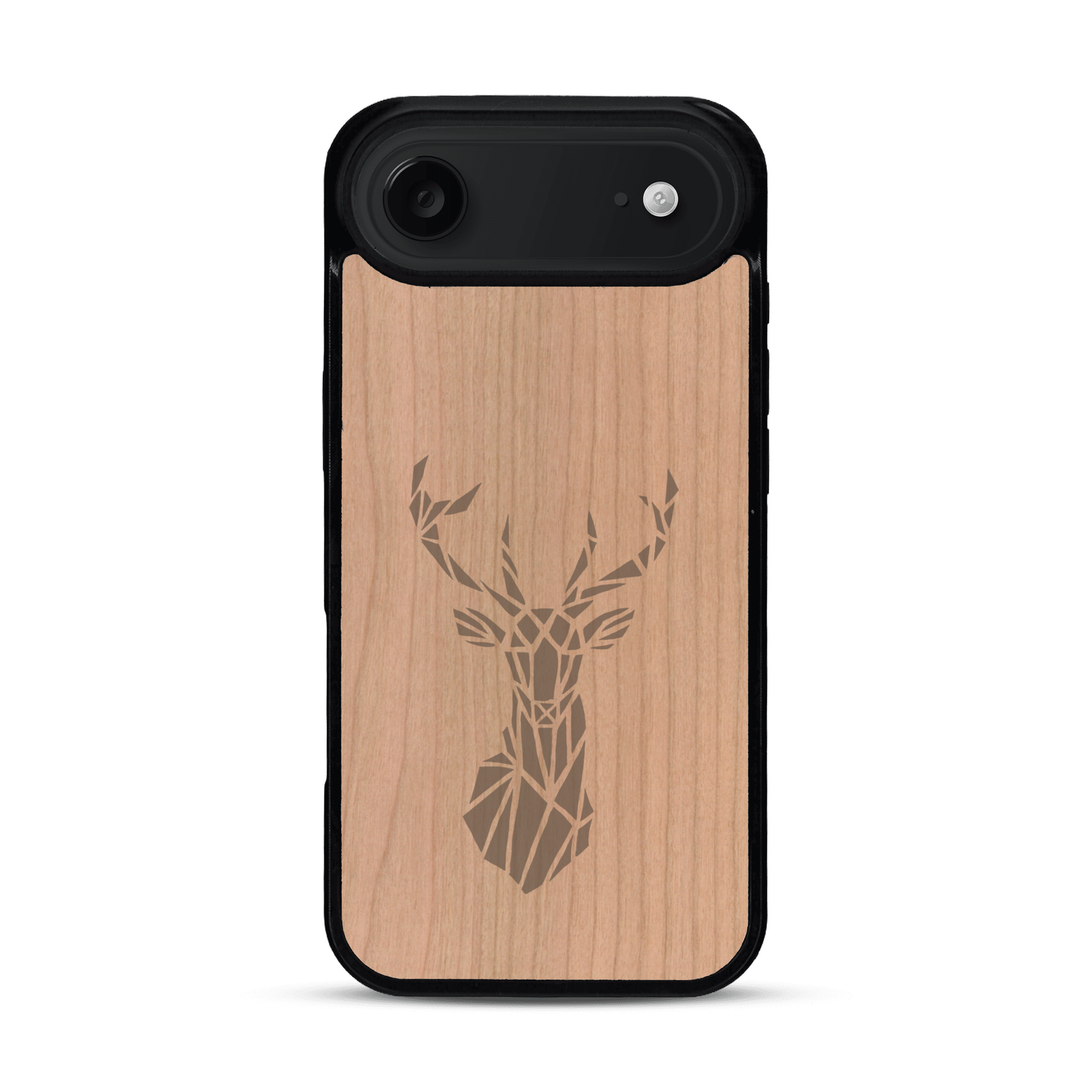 Coque de protection en bois véritable fabriquée en France pour  sur le thème de la nature et des animaux représentant une tête de cerf gométrique avec un design moderne et minimaliste