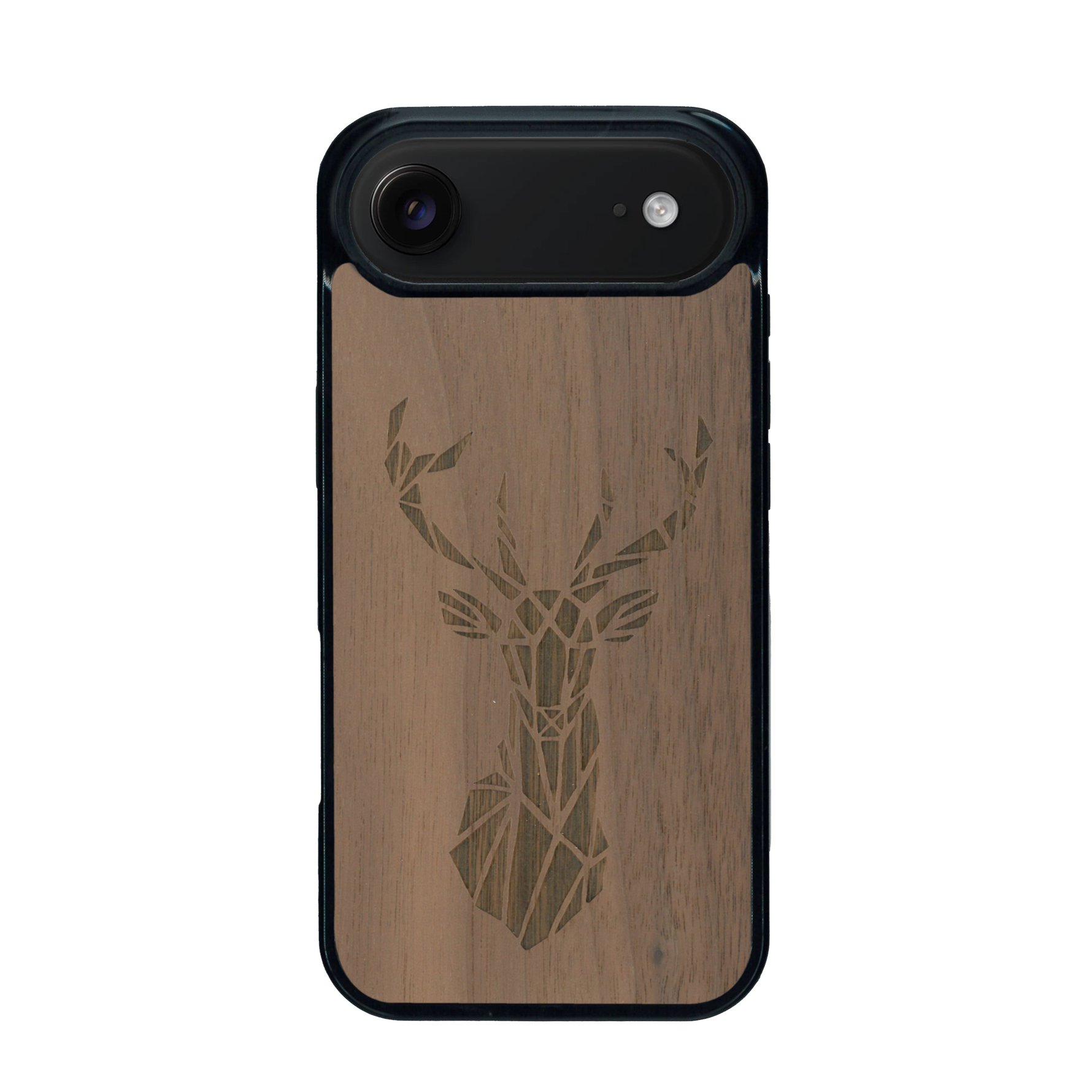 Coque de protection en bois véritable fabriquée en France pour iPhone 17 Air sur le thème de la nature et des animaux représentant une tête de cerf gométrique avec un design moderne et minimaliste