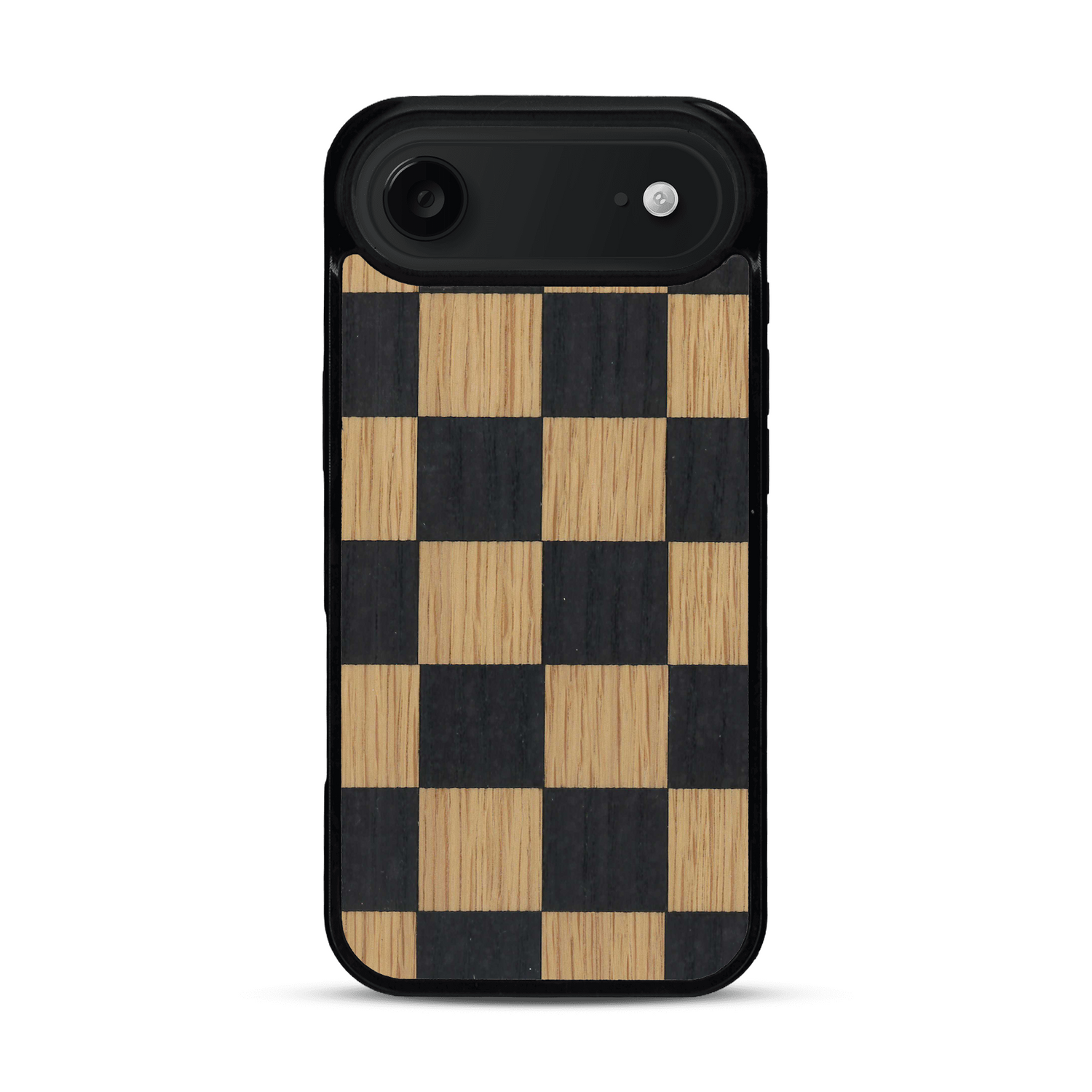 Coque de protection en bois véritable fabriquée en France pour  alliant plusieurs essences de bois pour représenter un damier