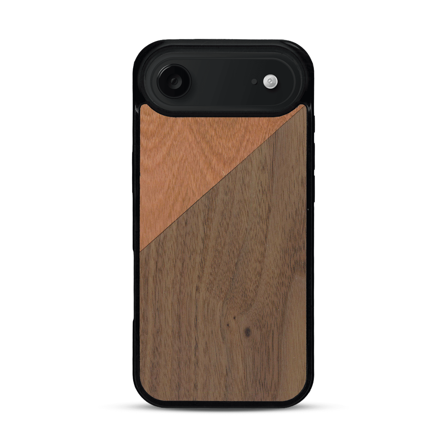 Coque de protection en bois véritable fabriquée en France pour  alliant du merisier et du noyer formant chacun un triangle avec une jointure en diagonale sur le thème de l'art abstrait