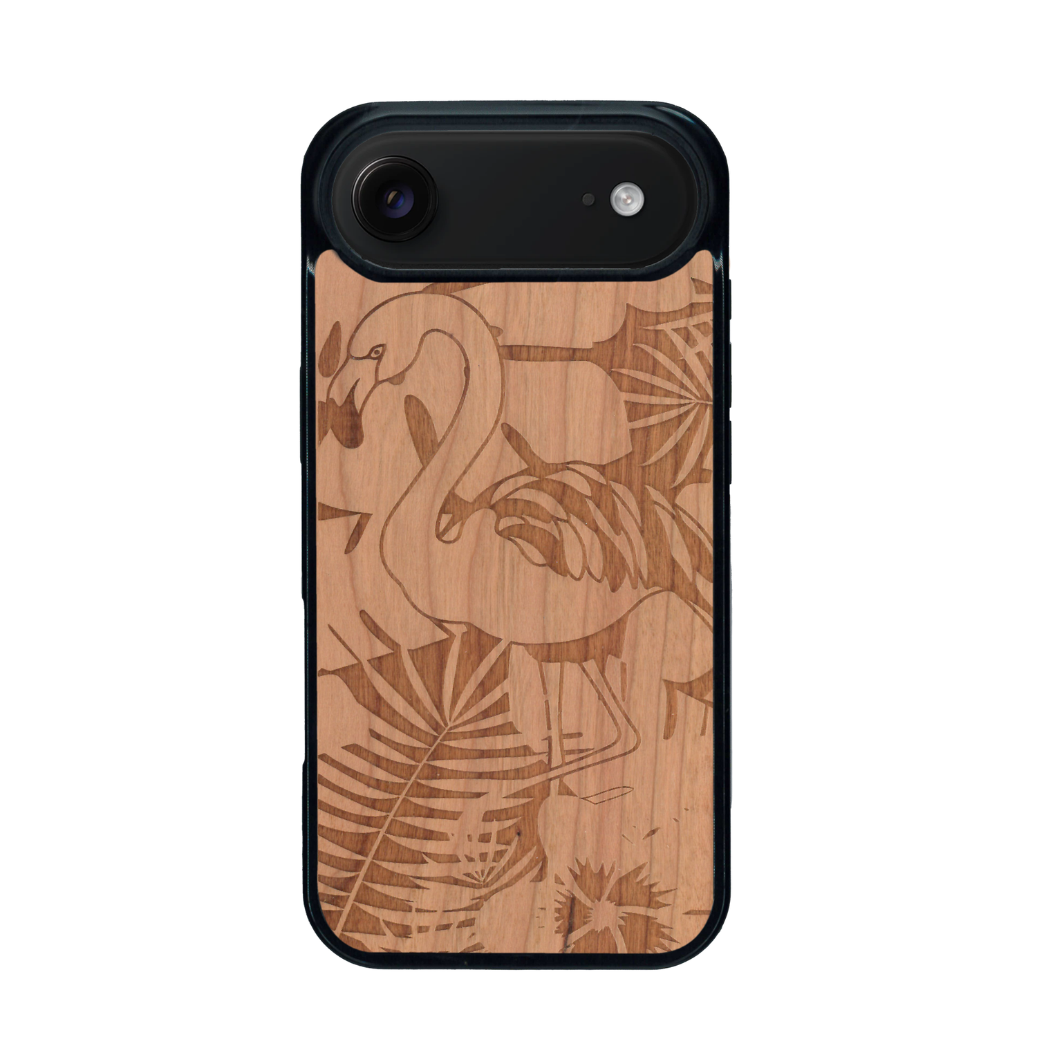 Coque de protection en bois véritable fabriquée en France pour iPhone 17 Air sur le thème de la nature et des animaux représentant un flamant rose entre des fougères