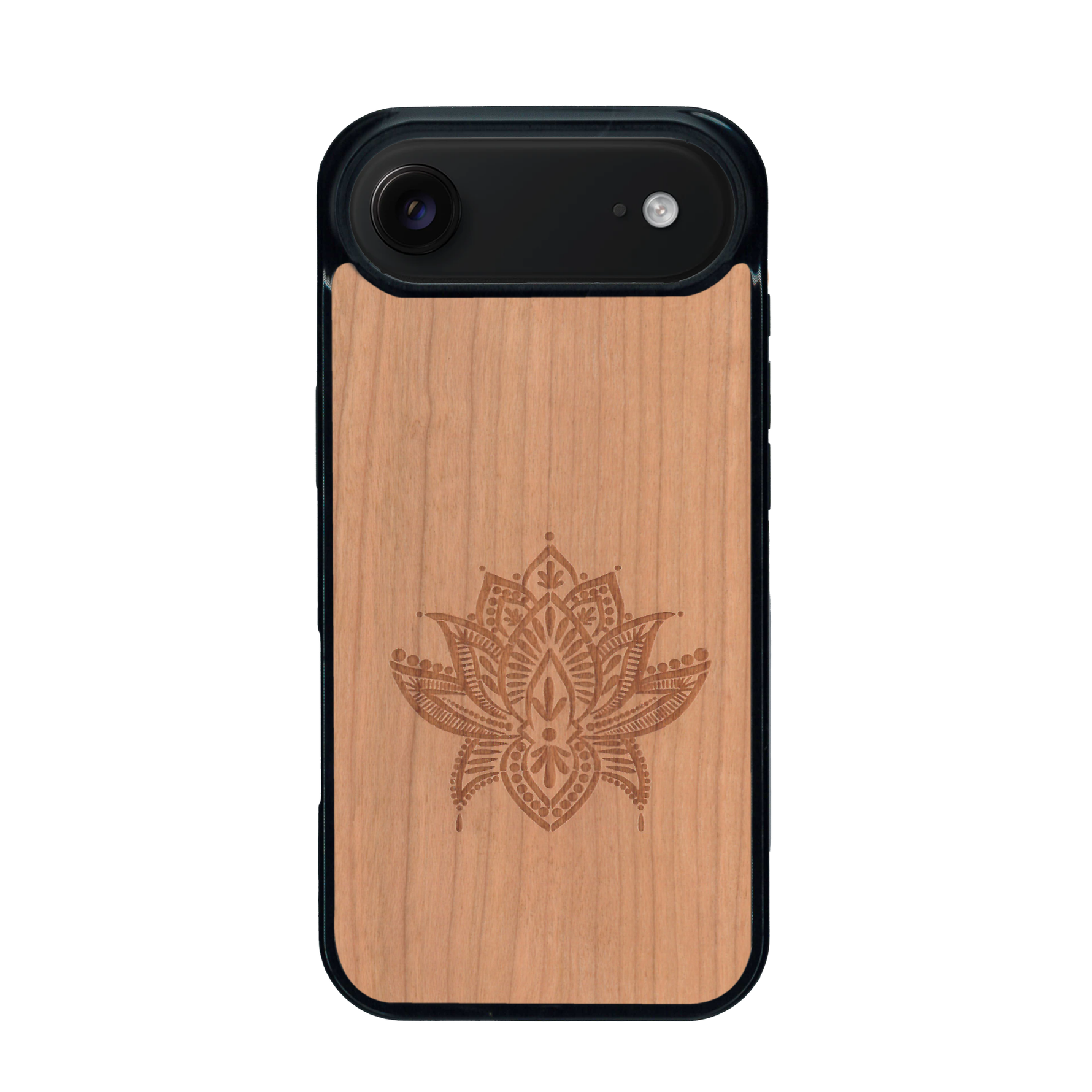 Coque de protection en bois véritable fabriquée en France pour iPhone 17 Air sur le thème de la nature et du yoga avec une gravure zen représentant une fleur de lotus