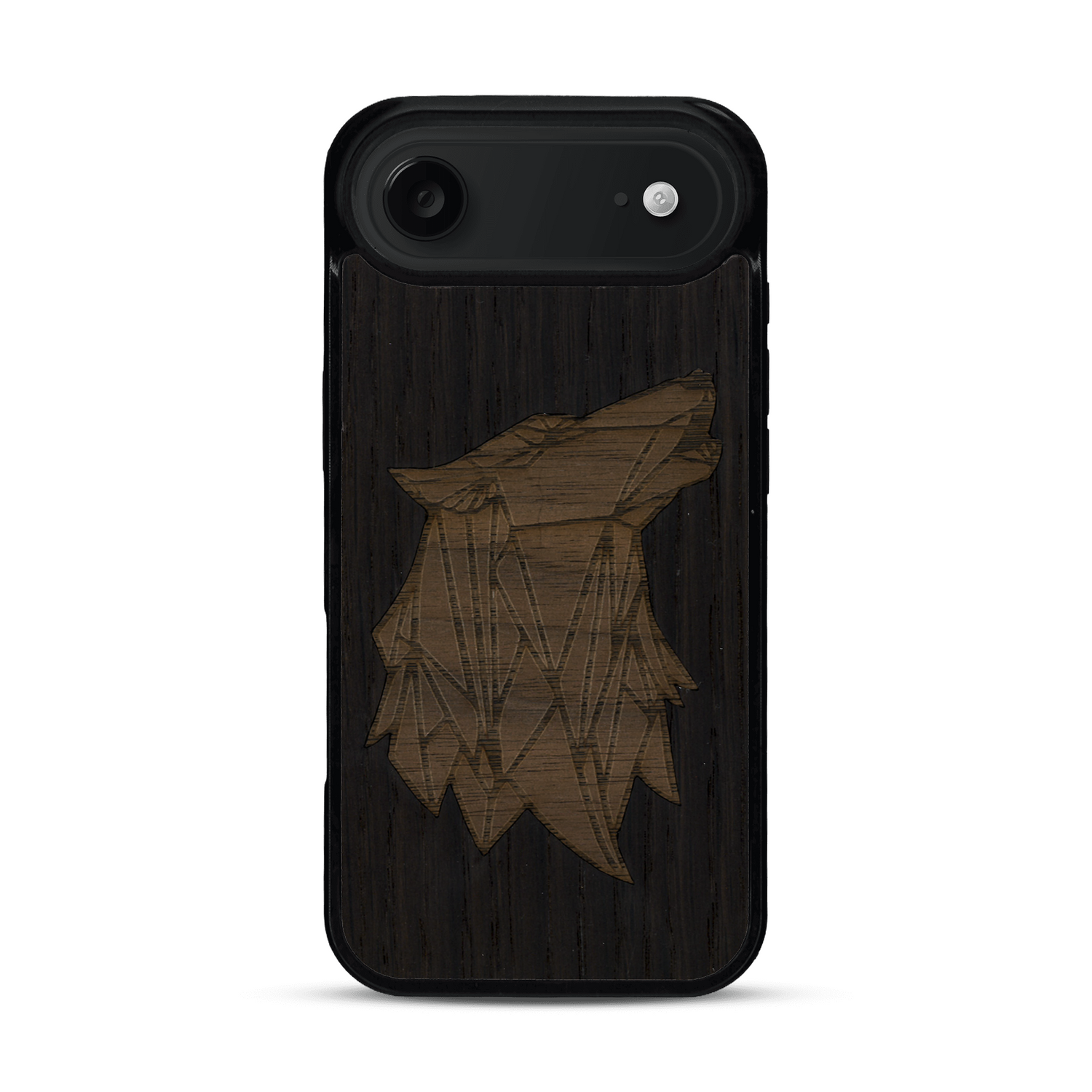 Coque de protection en bois véritable fabriquée en France pour  alliant du chêne fumé et du noyer représentant une tête de loup géométrique de profil sur le thème des animaux et de la nature