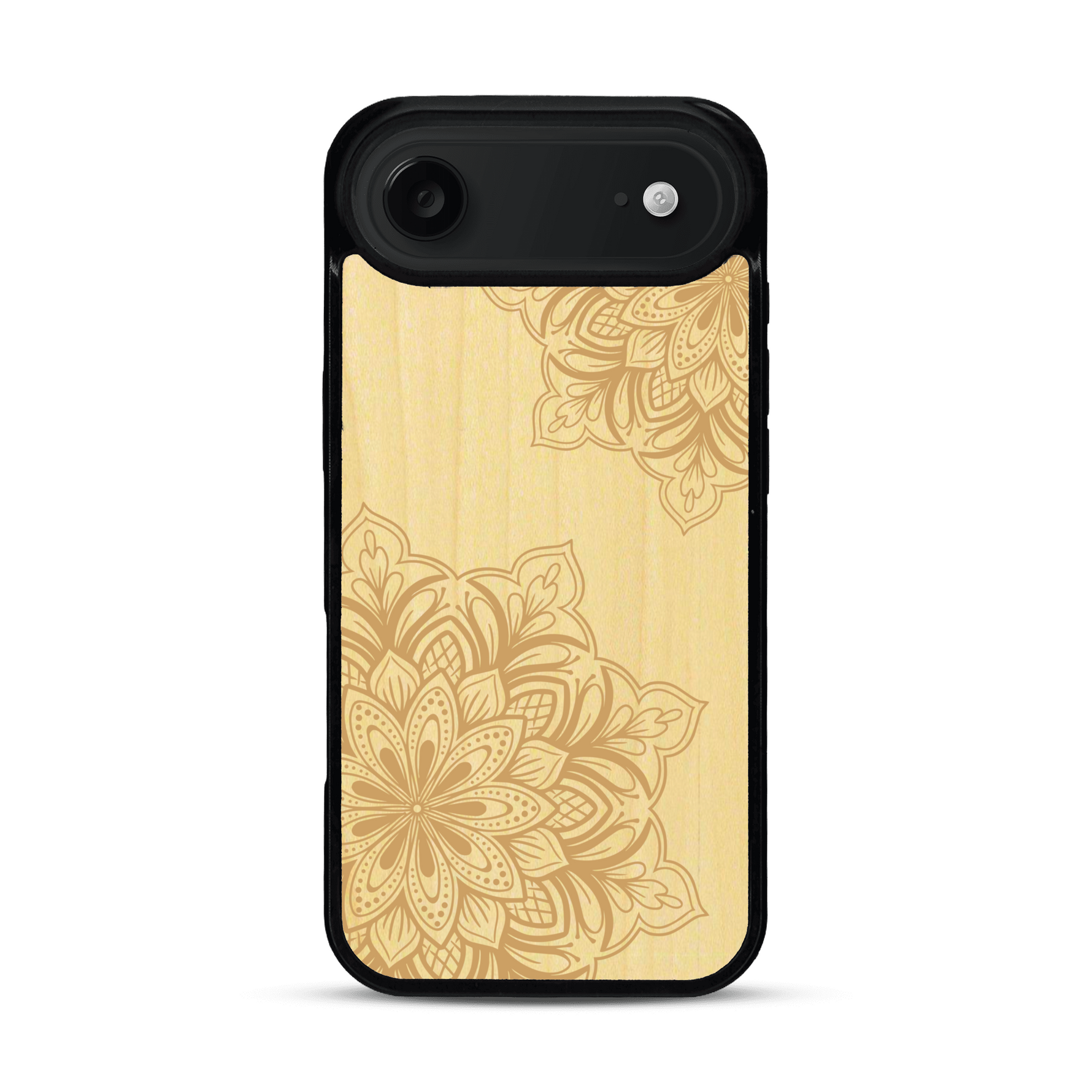 Coque de protection en bois véritable fabriquée en France pour  sur le thème de la bohème et du tatouage au henné avec une gravure représentant un mandala