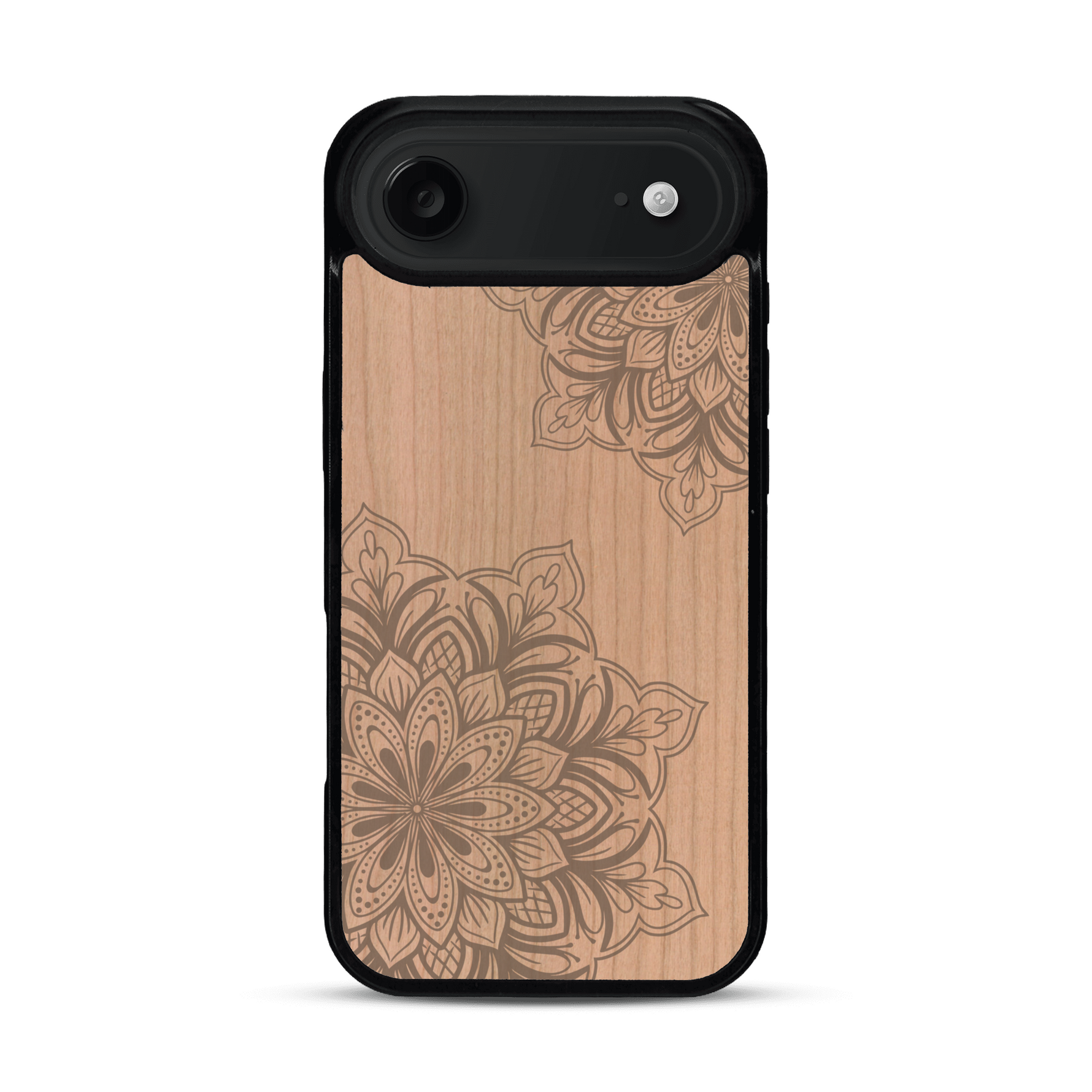 Coque de protection en bois véritable fabriquée en France pour  sur le thème de la bohème et du tatouage au henné avec une gravure représentant un mandala