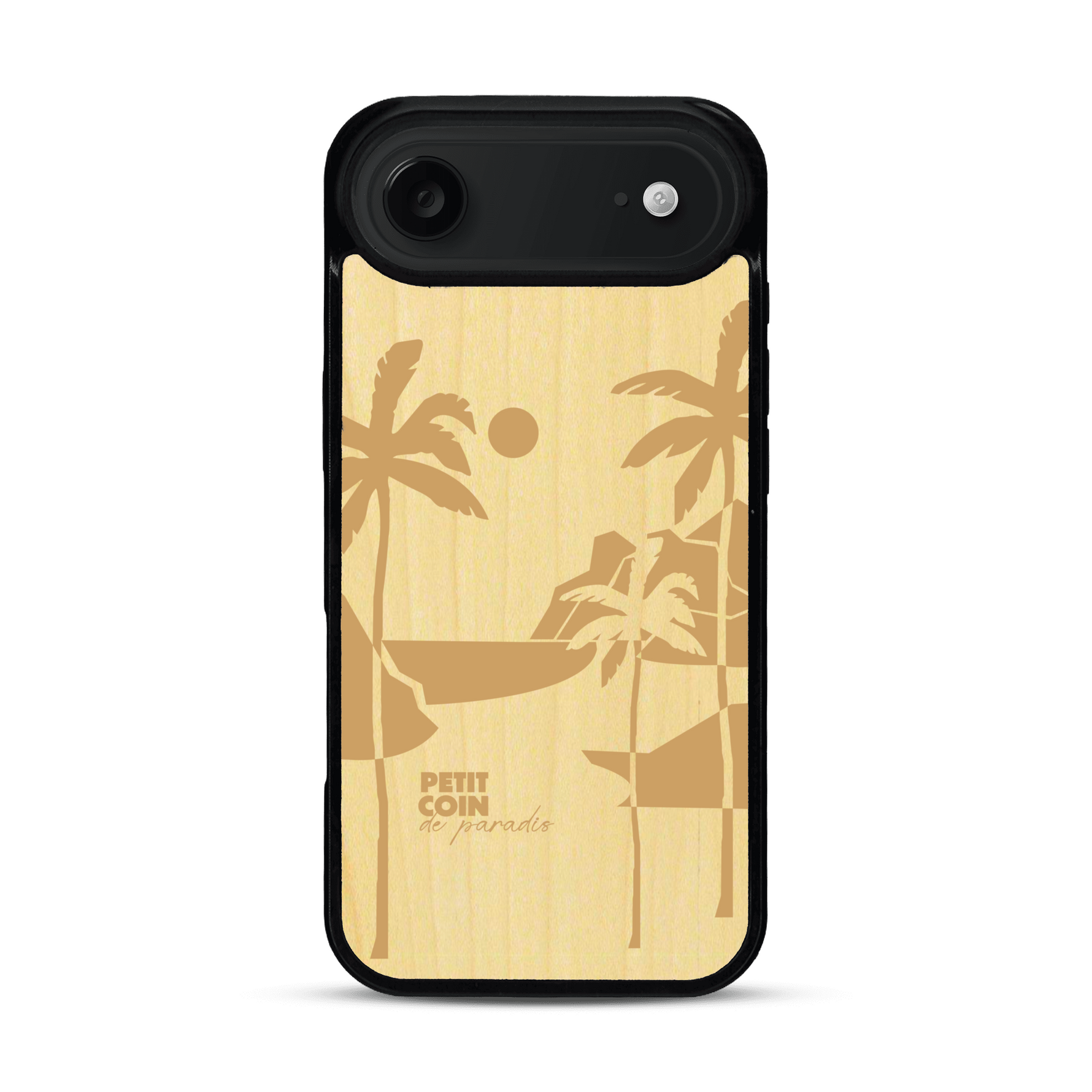 Coque de protection en bois véritable fabriquée en France pour  sur le thème des voyages en vans, vanlife et chill avec une gravure représentant un van vw combi devant le soleil couchant sur une plage avec des vagues
