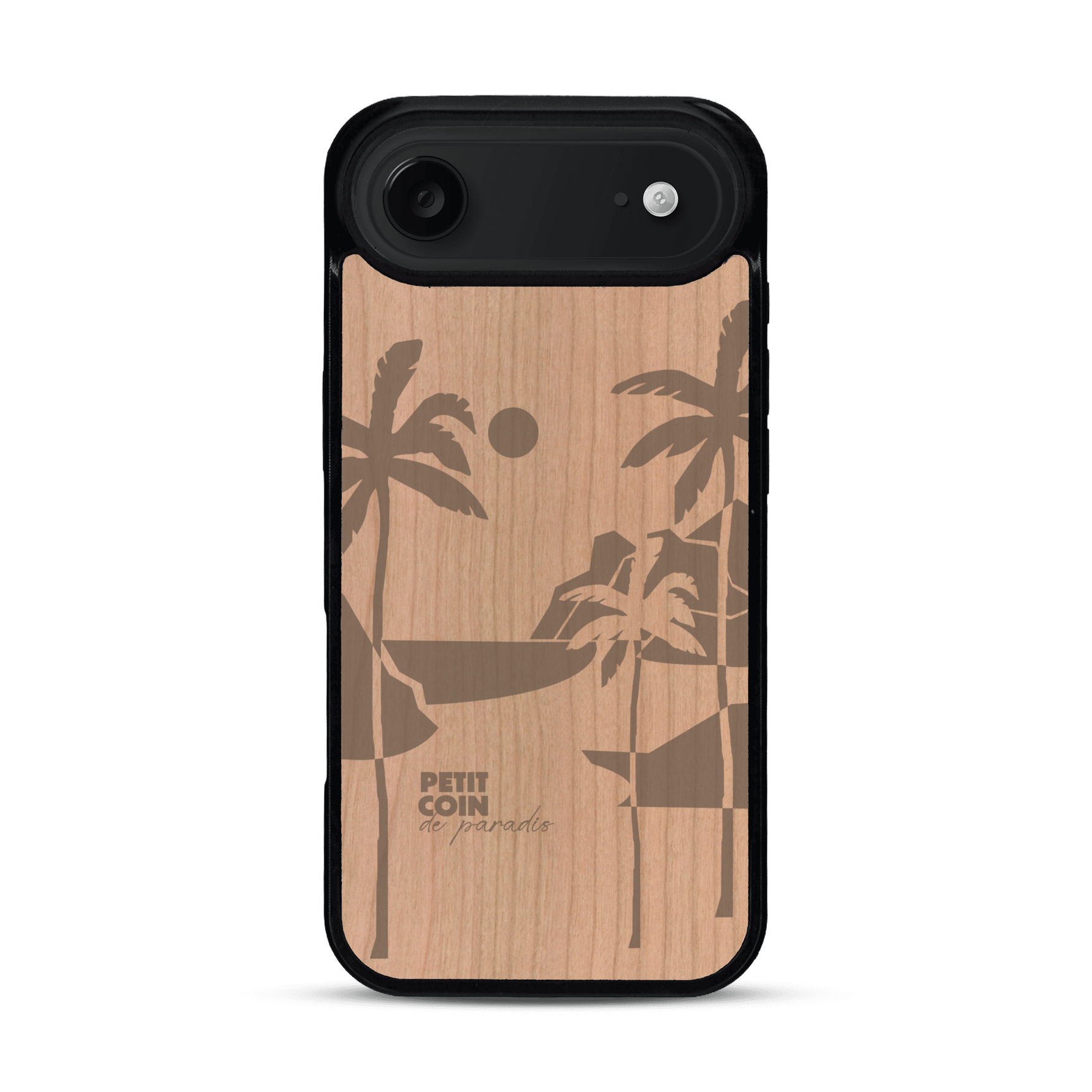Coque de protection en bois véritable fabriquée en France pour  sur le thème des voyages en vans, vanlife et chill avec une gravure représentant un van vw combi devant le soleil couchant sur une plage avec des vagues