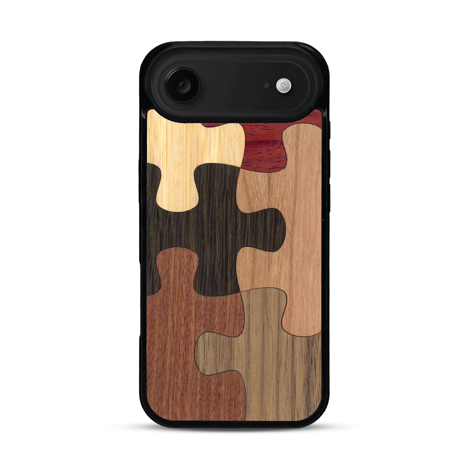 Coque de protection en bois véritable fabriquée en France pour  représentant un puzzle en six pièces qui allie du chêne fumé, du noyer, du bambou, du padouk, du merisier et de l'acajou