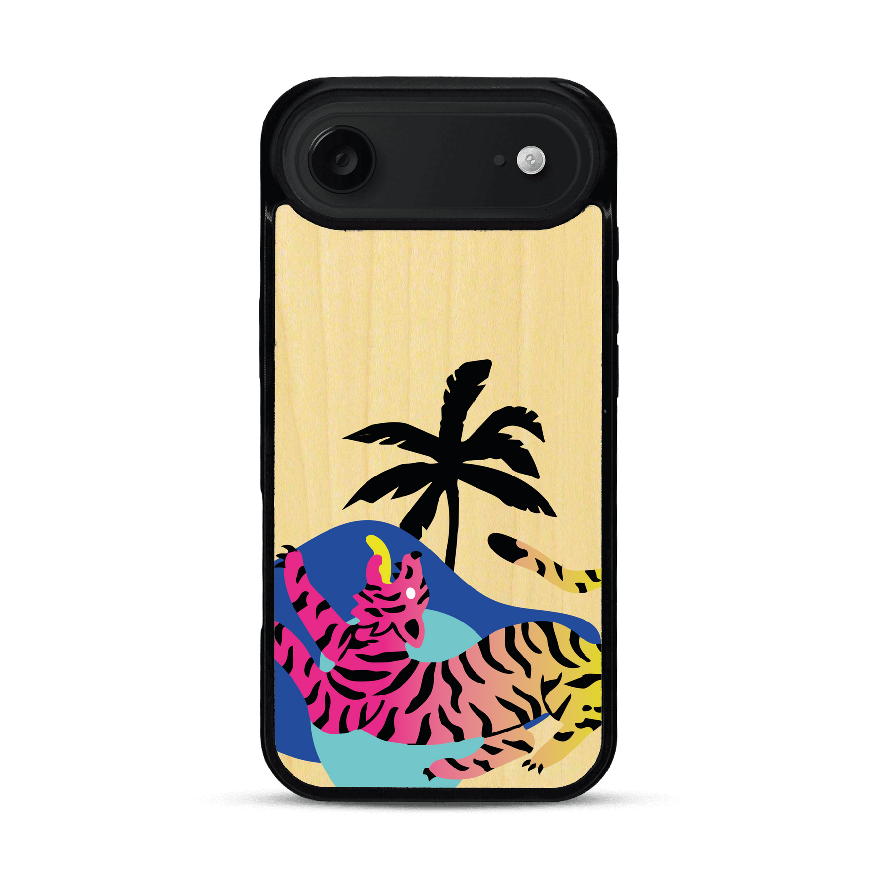 Coque de protection en bois véritable fabriquée en France pour iPhone 17 Air représentant un tigre coloré avec un design moderne et minimaliste sur le thème de la jungle et de la nature