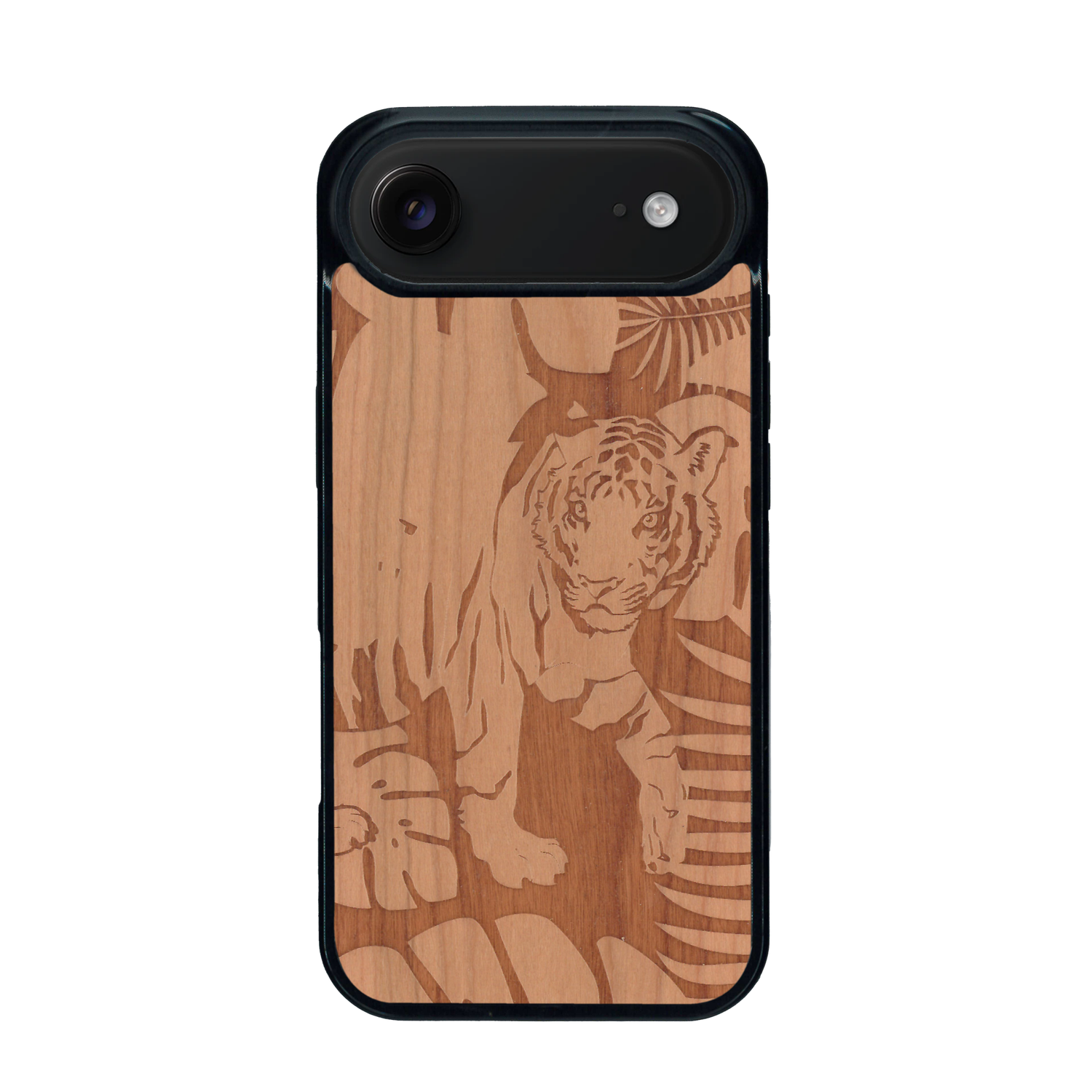 Coque de protection en bois véritable fabriquée en France pour iPhone 17 Air sur le thème de la nature et des animaux représentant un tigre dans la jungle entre des fougères
