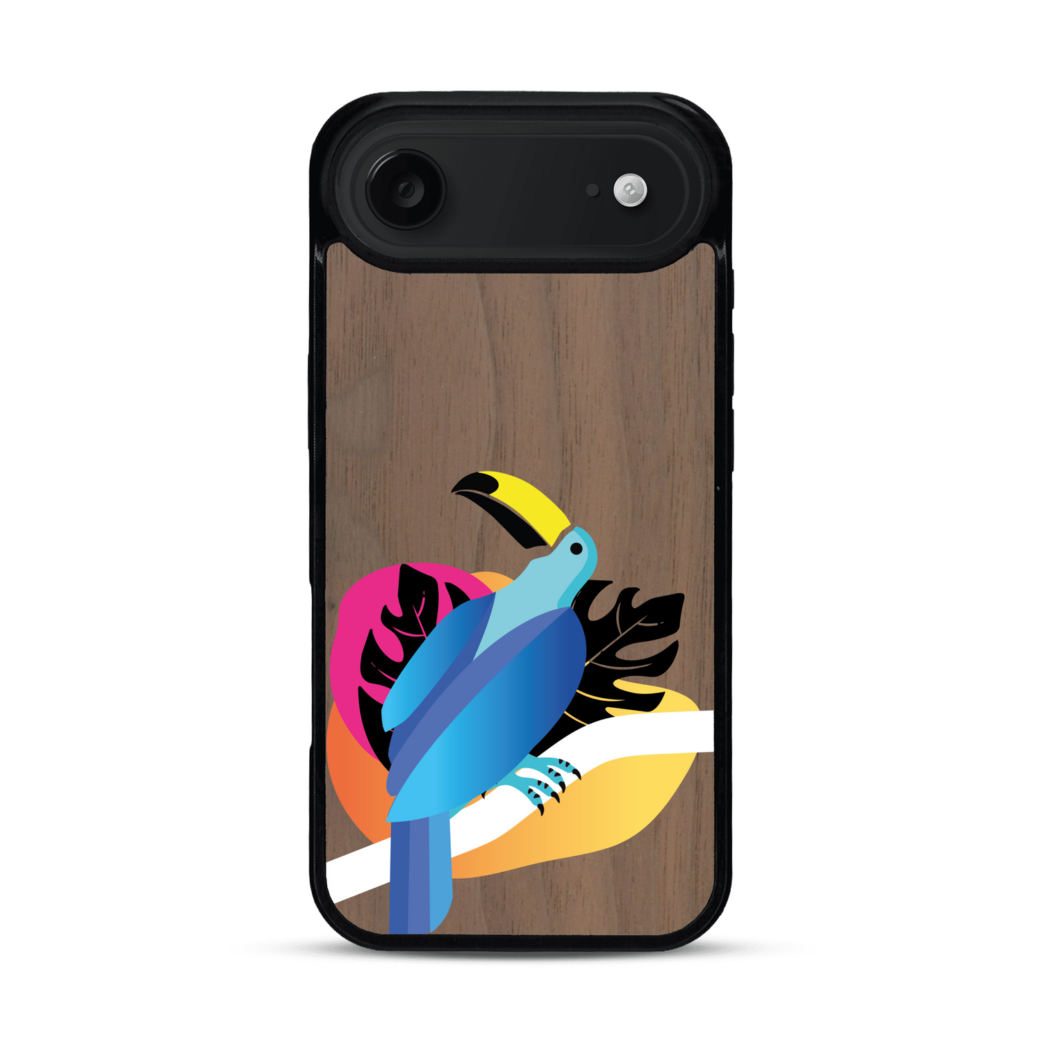 Coque de protection en bois véritable fabriquée en France pour iPhone 17 Air représentant un toucan coloré avec un design moderne et minimaliste sur le thème de la jungle et de la nature
