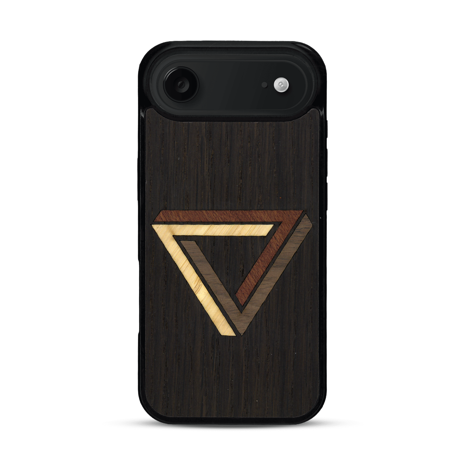 Coque de protection en bois véritable fabriquée en France pour  sur le thème de l'art géométrique qui allie du chêne fumé, du noyer, du bambou et du padouk représentant le triangle de penrose