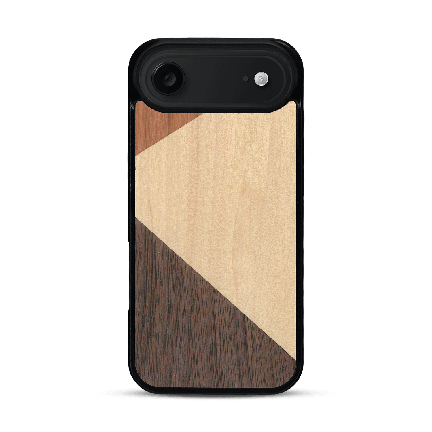 Coque de protection en bois véritable fabriquée en France pour  alliant du merisier, du noyer et du bambou formant chacun deux triangles et un trapèze avec deux jointures en diagonale sur le thème de l'art abstrait
