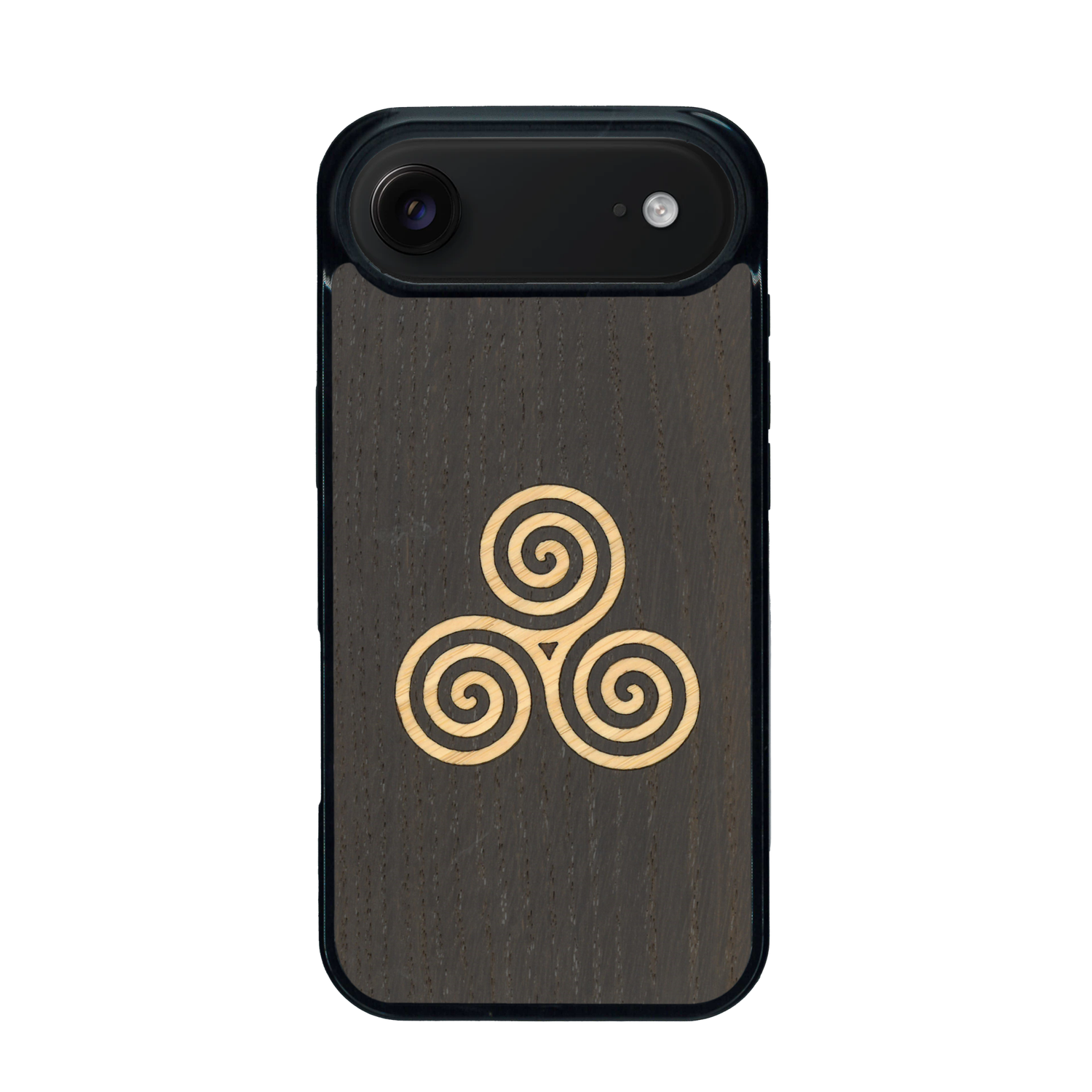 Coque de protection en bois véritable fabriquée en France pour iPhone 17 Air alliant du chêne fumé et du bambou et doré représentant un triskell