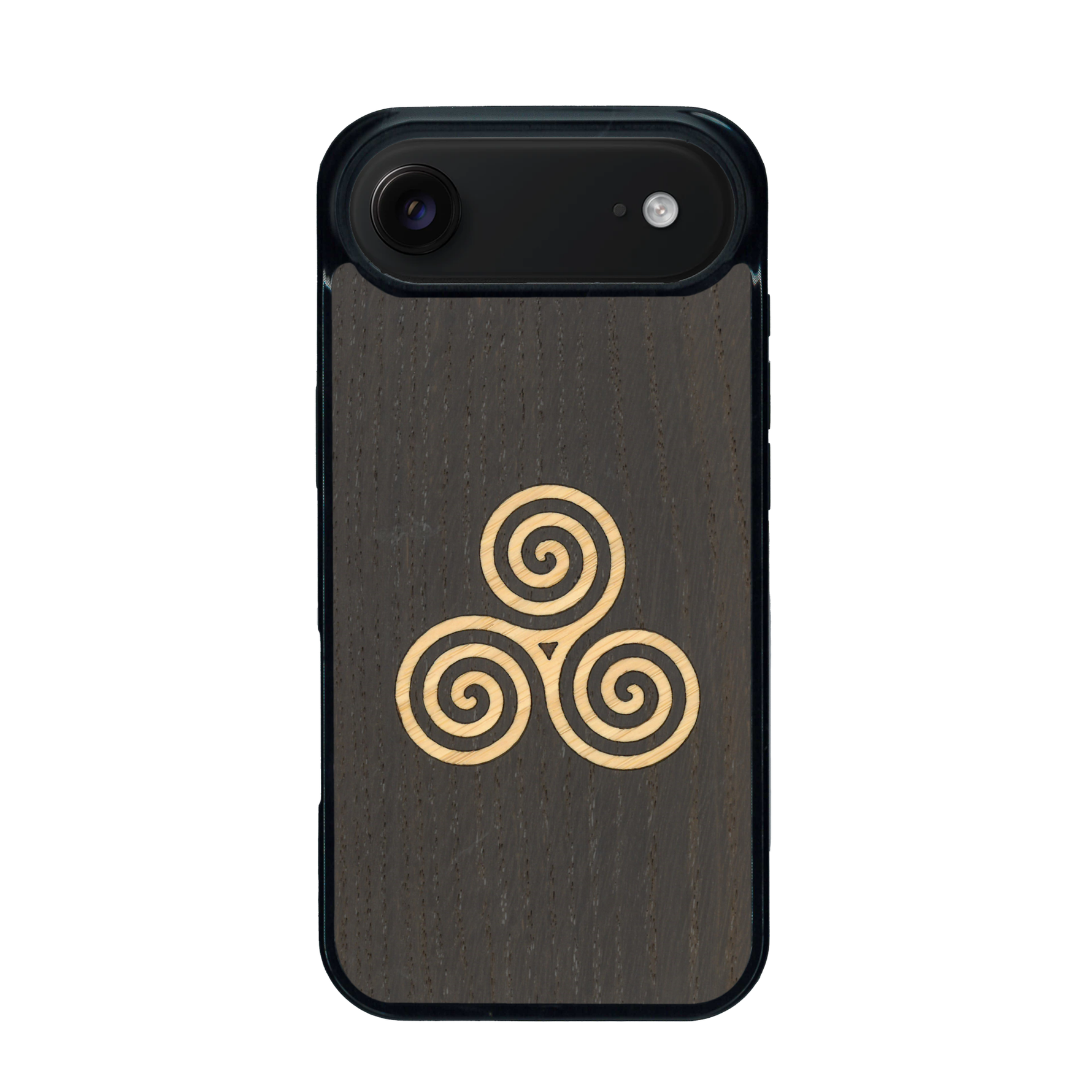 Coque de protection en bois véritable fabriquée en France pour iPhone 17 Air alliant du chêne fumé et du bambou et doré représentant un triskell