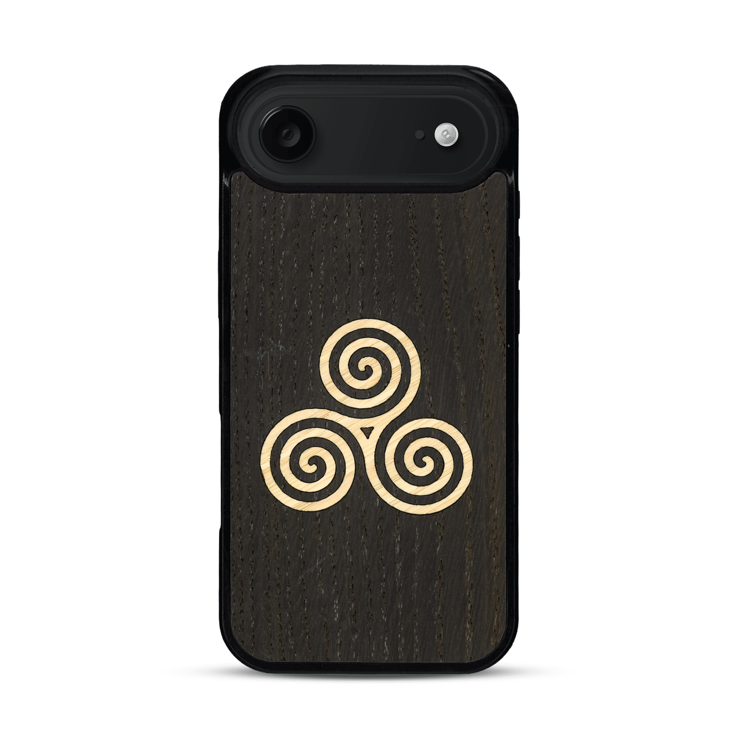 Coque de protection en bois véritable fabriquée en France pour  alliant du chêne fumé et du bambou et doré représentant un triskell