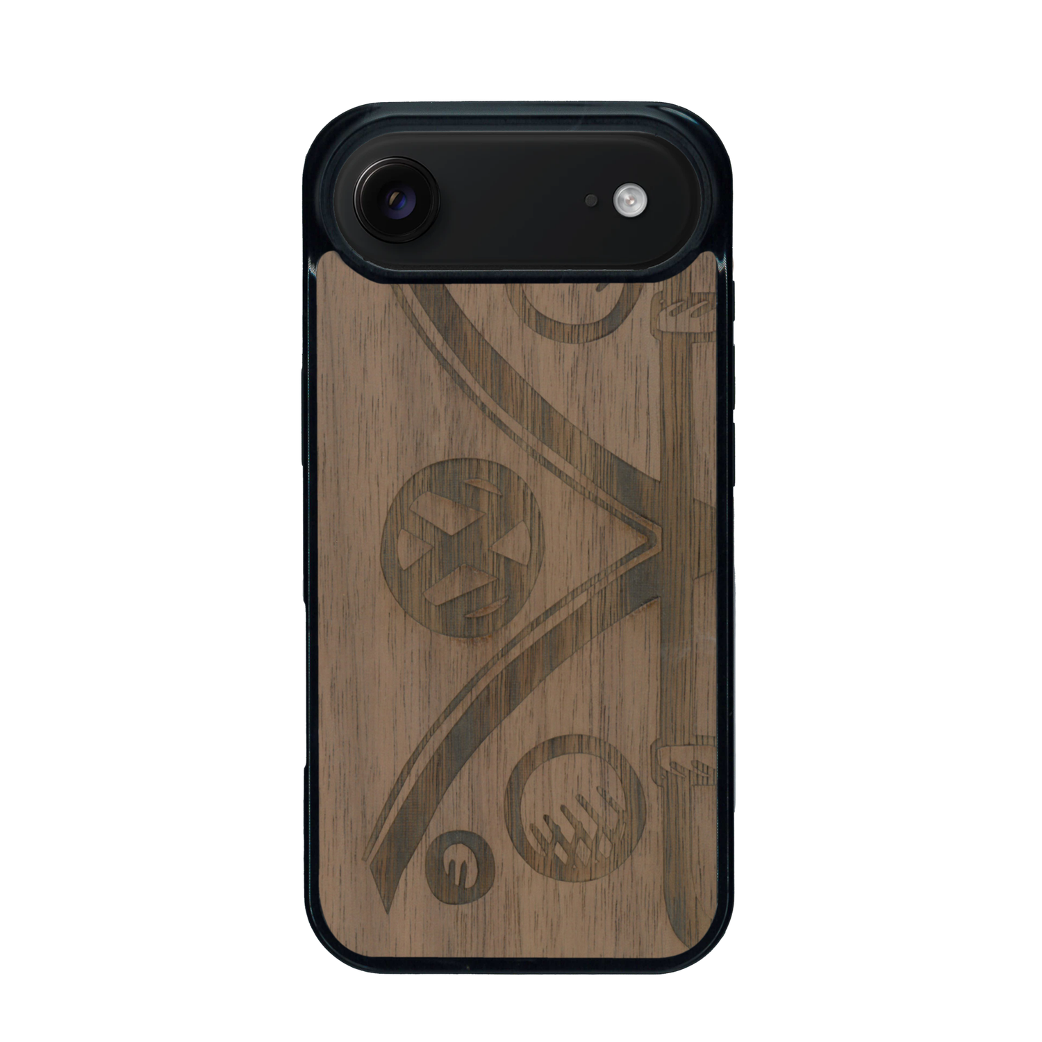 Coque de protection en bois véritable fabriquée en France pour iPhone 17 Air sur le thème de l'automobile avec un van combi