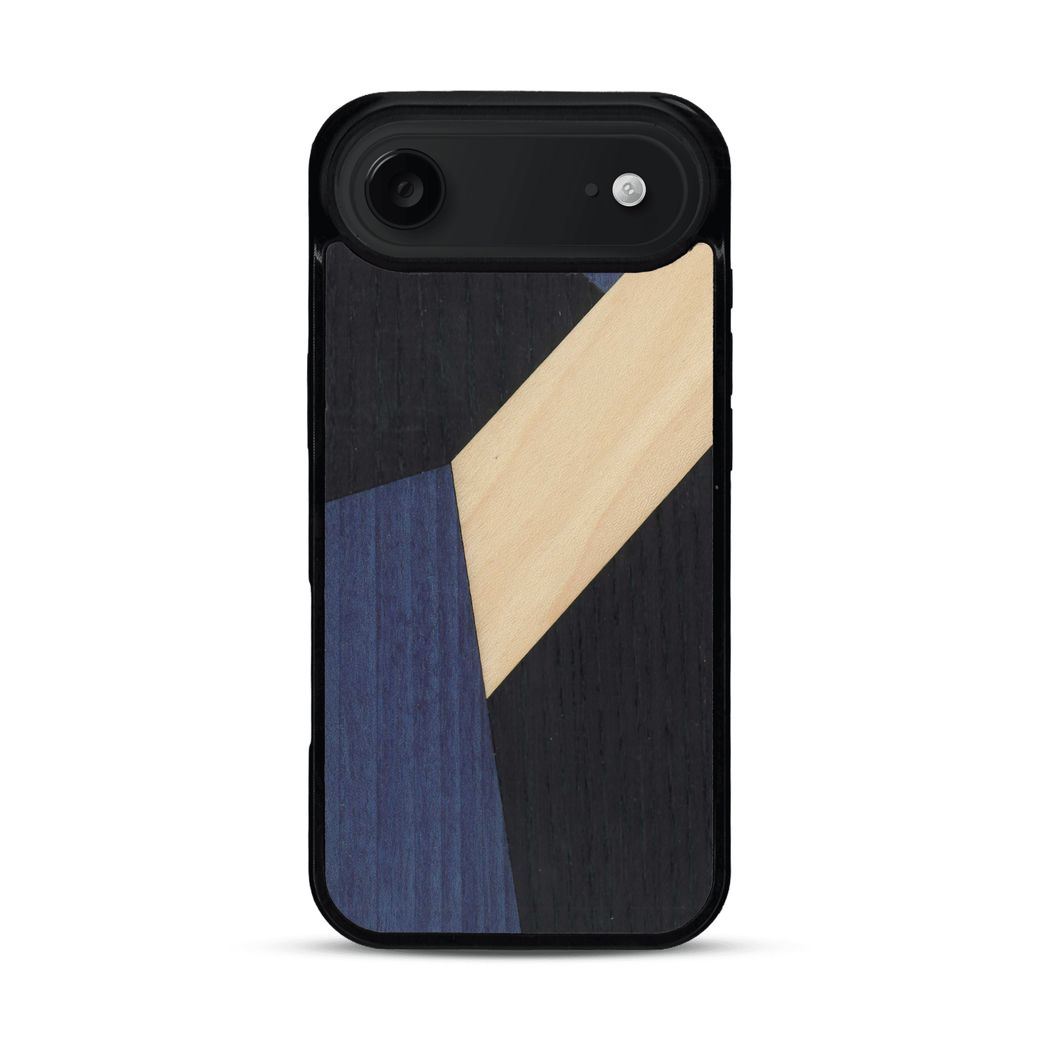 Coque de protection en bois véritable fabriquée en France pour  alliant du bambou, du tulipier bleu et noir en forme de mosaïque minimaliste sur le thème de l'art abstrait
