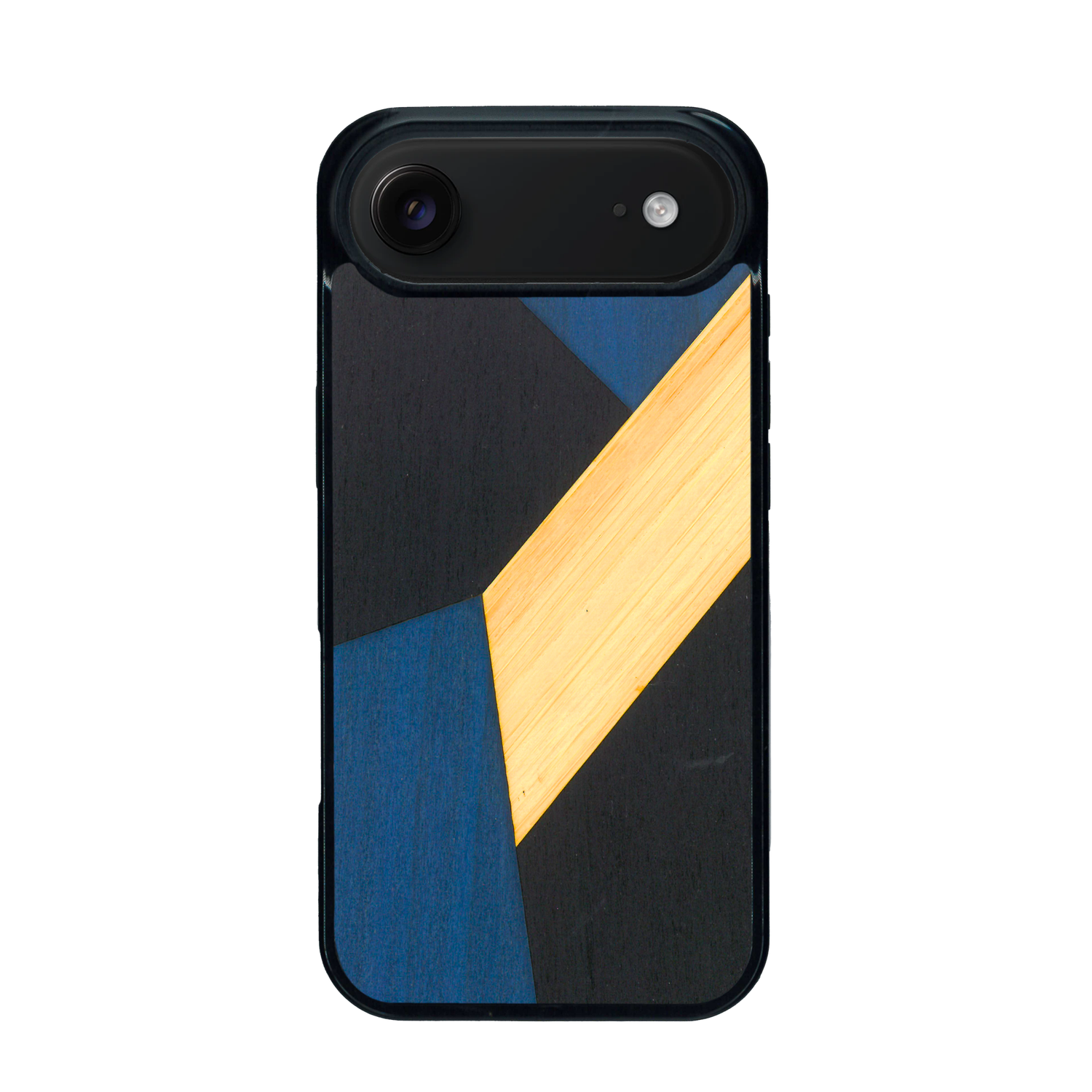 Coque de protection en bois véritable fabriquée en France pour iPhone 17 Air alliant du bambou, du tulipier bleu et noir en forme de mosaïque minimaliste sur le thème de l'art abstrait