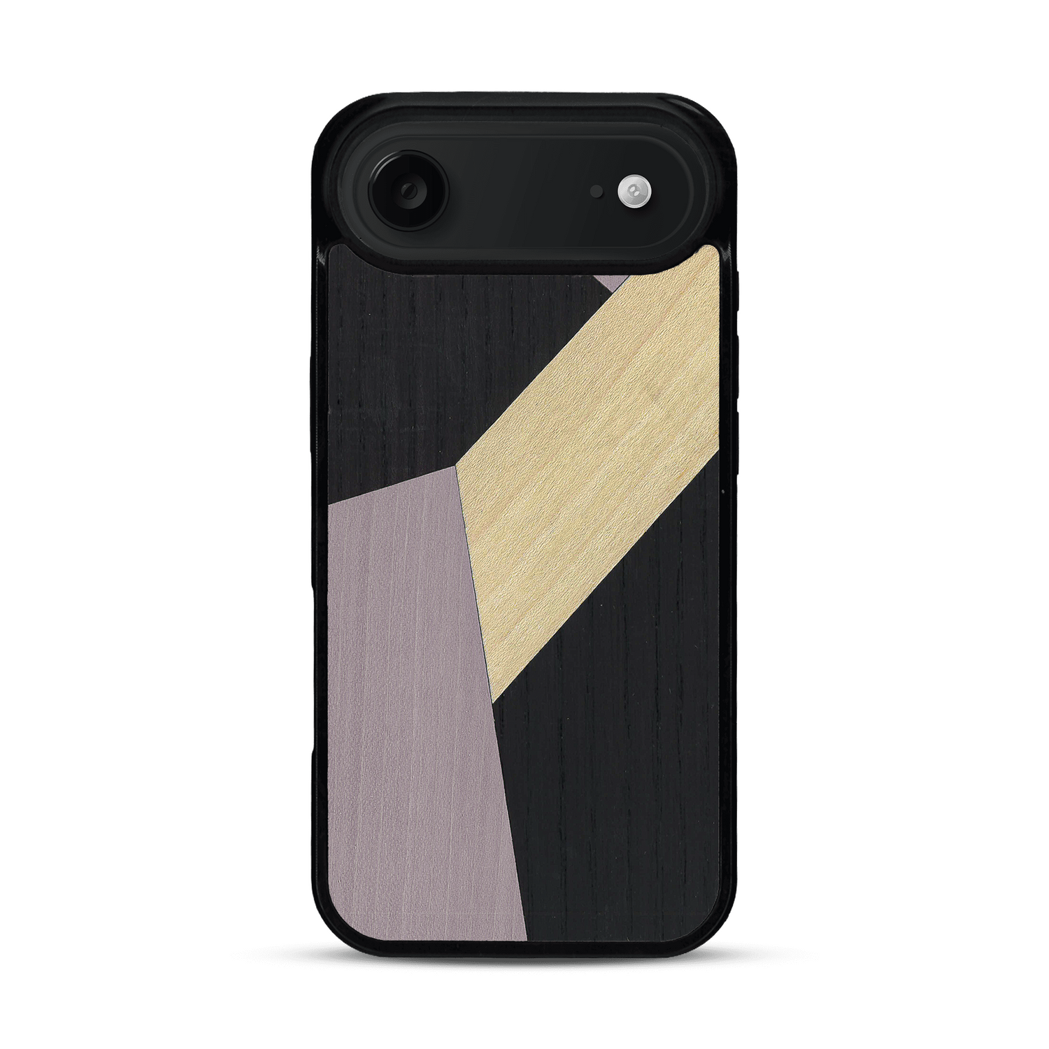 Coque de protection en bois véritable fabriquée en France pour  alliant du bambou, du tulipier mauve et noir en forme de mosaïque minimaliste sur le thème de l'art abstrait