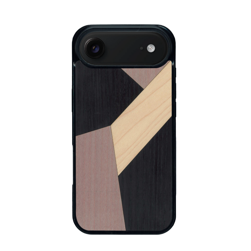 Coque de protection en bois véritable fabriquée en France pour iPhone 17 Air alliant du bambou, du tulipier mauve et noir en forme de mosaïque minimaliste sur le thème de l'art abstrait