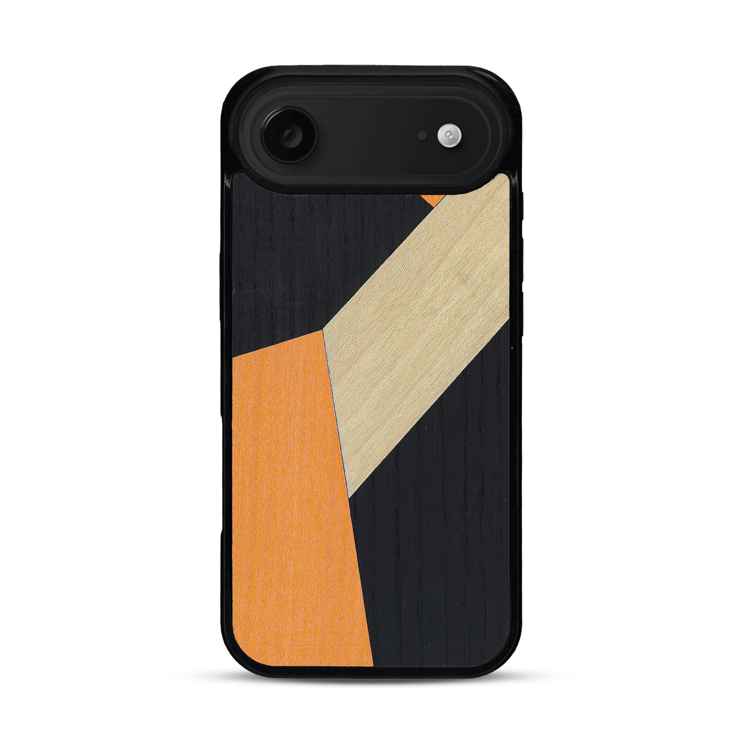 Coque de protection en bois véritable fabriquée en France pour  alliant du bambou, du tulipier orange et noir en forme de mosaïque minimaliste sur le thème de l'art abstrait