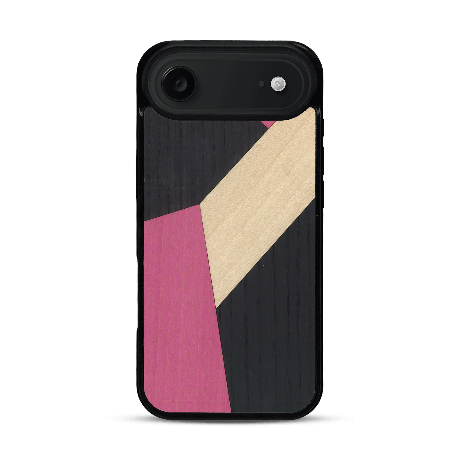 Coque de protection en bois véritable fabriquée en France pour  alliant du bambou, du tulipier rose et noir en forme de mosaïque minimaliste sur le thème de l'art abstrait