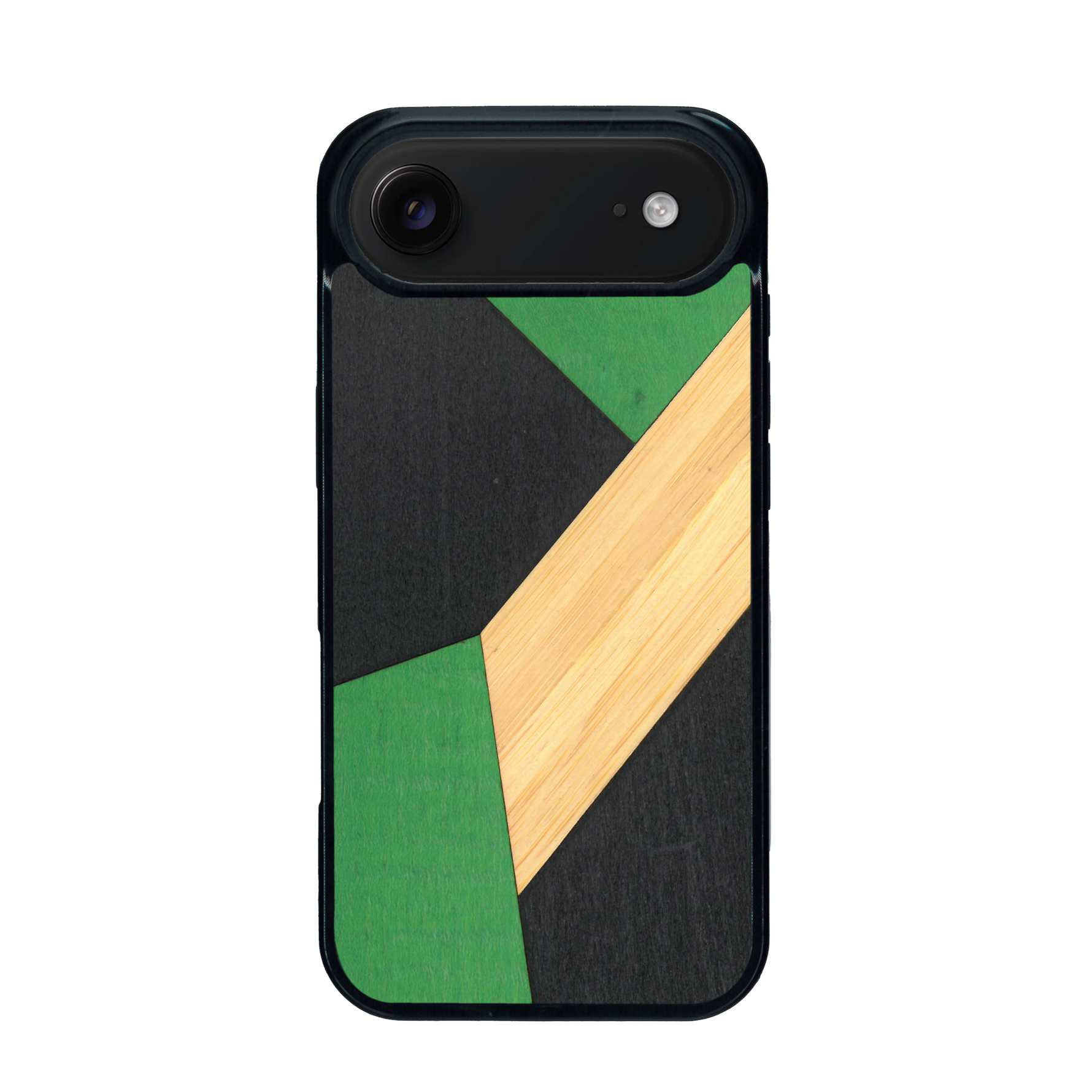 Coque de protection en bois véritable fabriquée en France pour iPhone 17 Air alliant du bambou, du tulipier vert et noir en forme de mosaïque minimaliste sur le thème de l'art abstrait