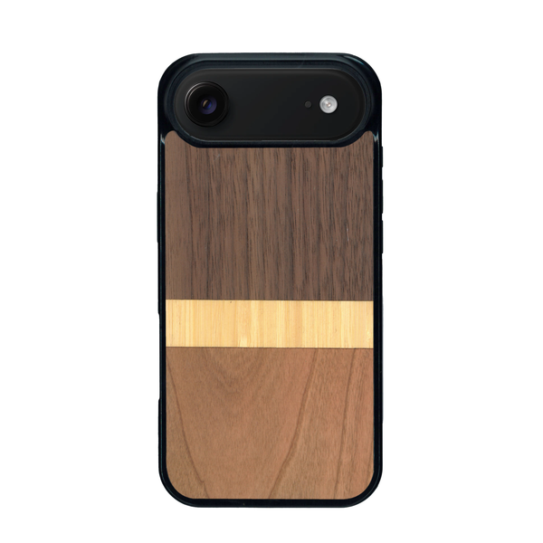 Coque de protection en bois véritable fabriquée en France pour iPhone 17 Air alliant des bandes horizontales de bambou, merisier et noyer