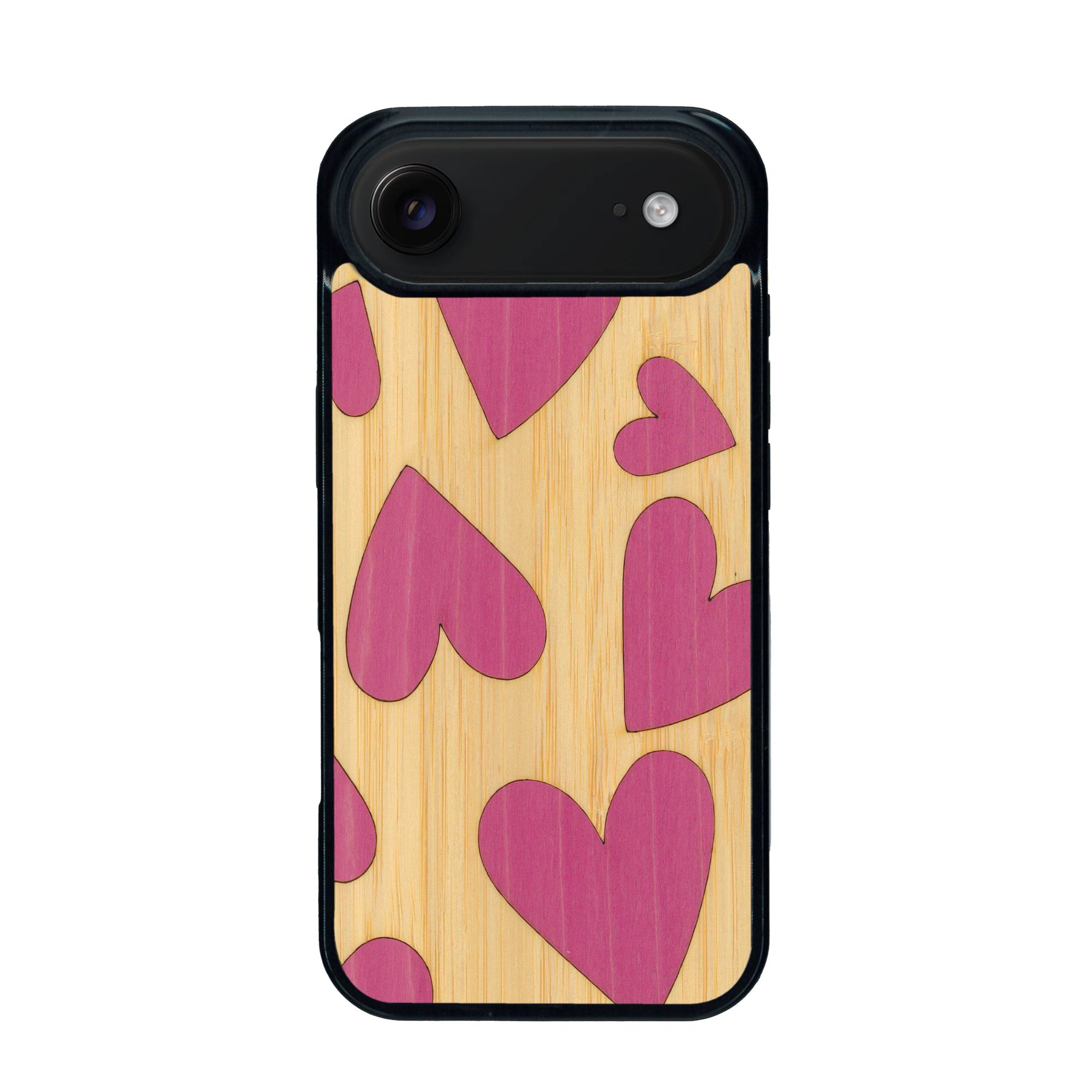 Coque de protection en bois véritable fabriquée en France pour iPhone 17 Air alliant plusieurs essences de bois pour représenter des coeurs pour les amoureux