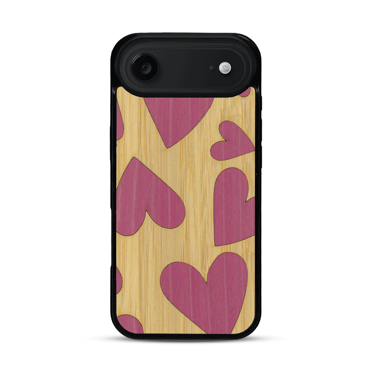 Coque de protection en bois véritable fabriquée en France pour  alliant plusieurs essences de bois pour représenter des coeurs pour les amoureux