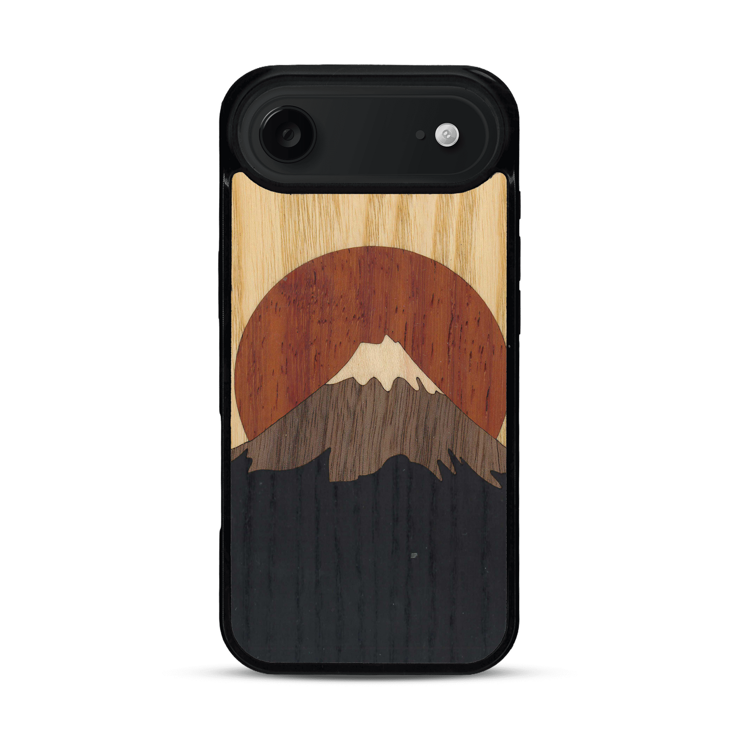 Coque de protection en bois véritable fabriquée en France pour  alliant plusieurs essences de bois pour représenter le mont Fuji