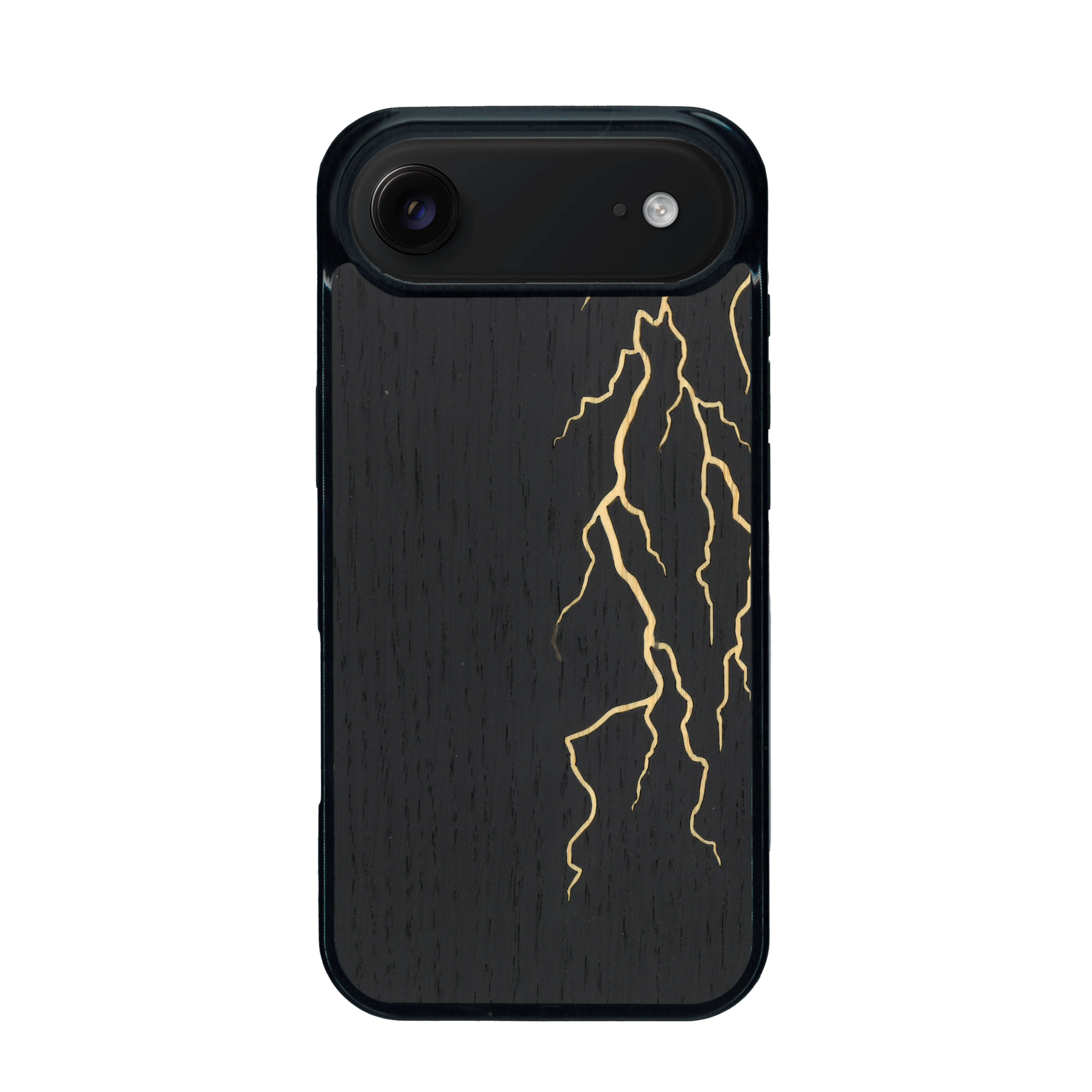 Coque de protection en bois véritable fabriquée en France pour iPhone 17 Air alliant plusieurs essences de bois pour représenter un éclair divin