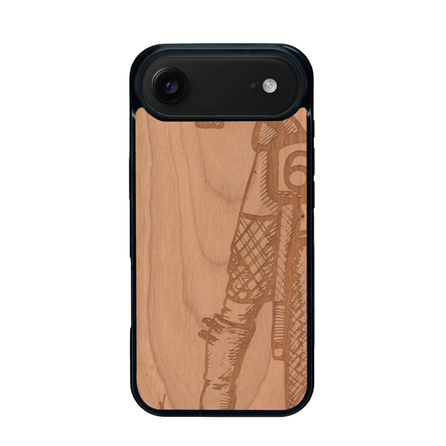 Coque de protection en bois véritable fabriquée en France pour iPhone 17 Air représentant une vue de face d'une femme sur une moto vintage dessinée à la main par l'artiste Maud Dabs